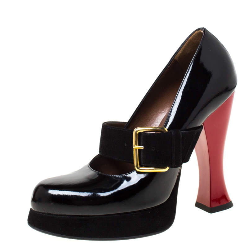 Pre Owned Marni Black Buckle Strap Patent Leather and Suede Round Toe Pumps Size 37.5