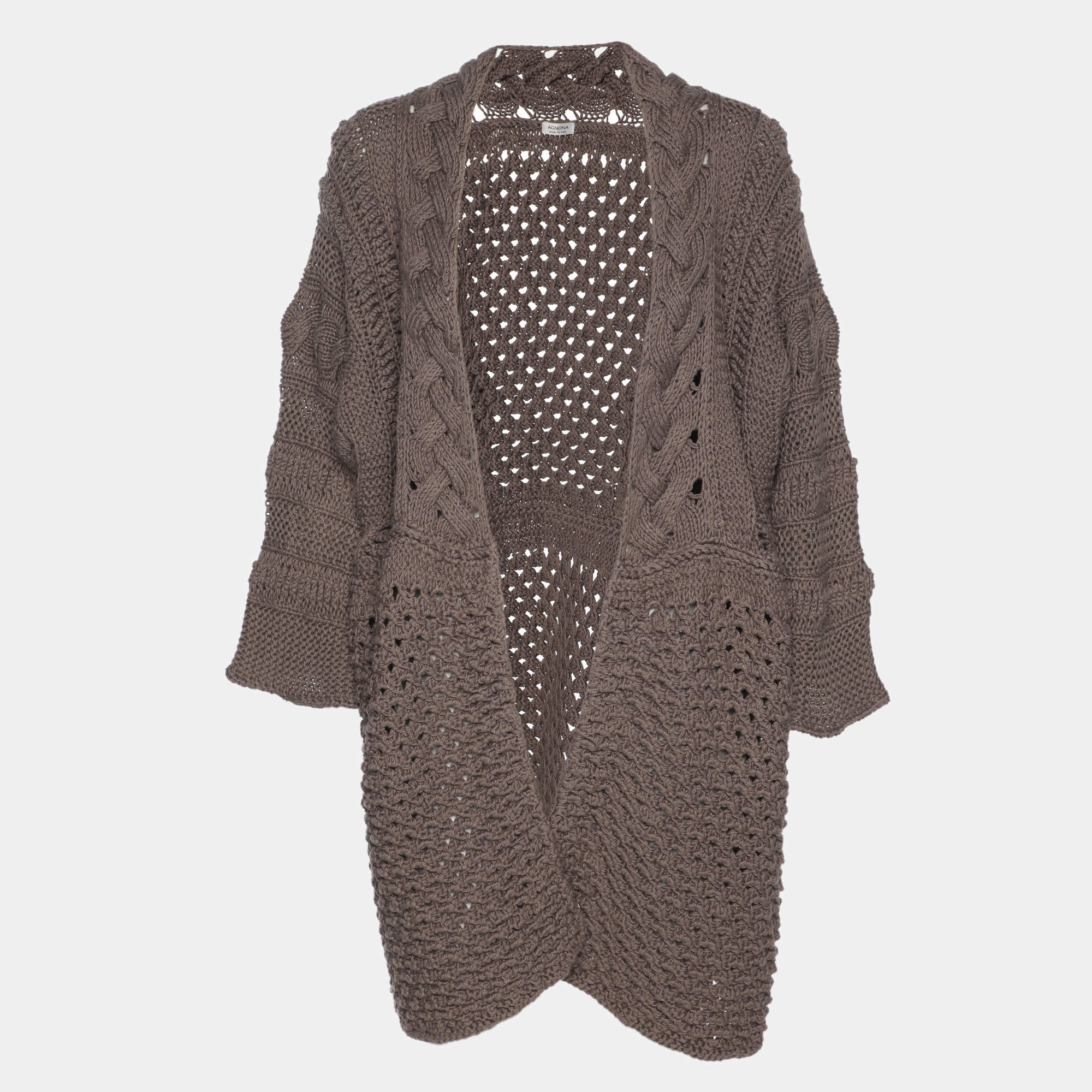 Pre Owned Agnona Dark Beige Cotton Knit Cable Thick Cardigan XXXL