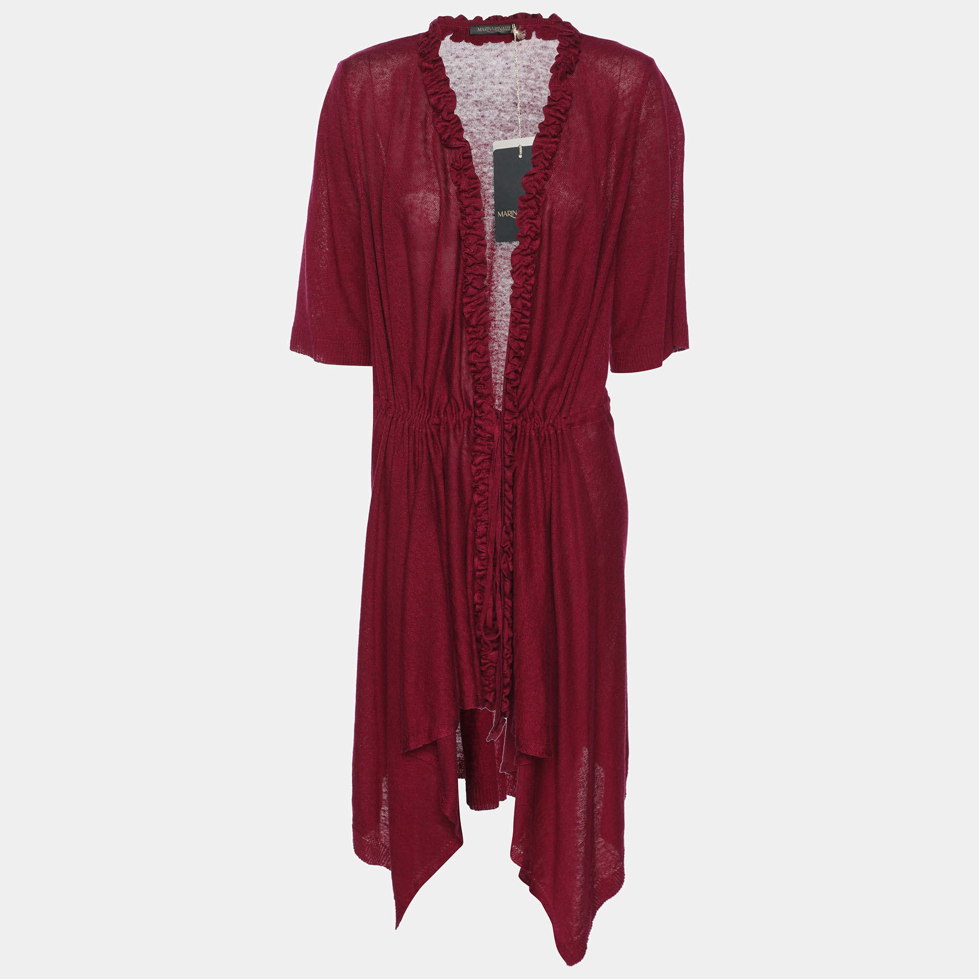 Pre Owned Marina Rinaldi Burgundy Stretch Knit Ruffle Edge Drawstring Cardigan L