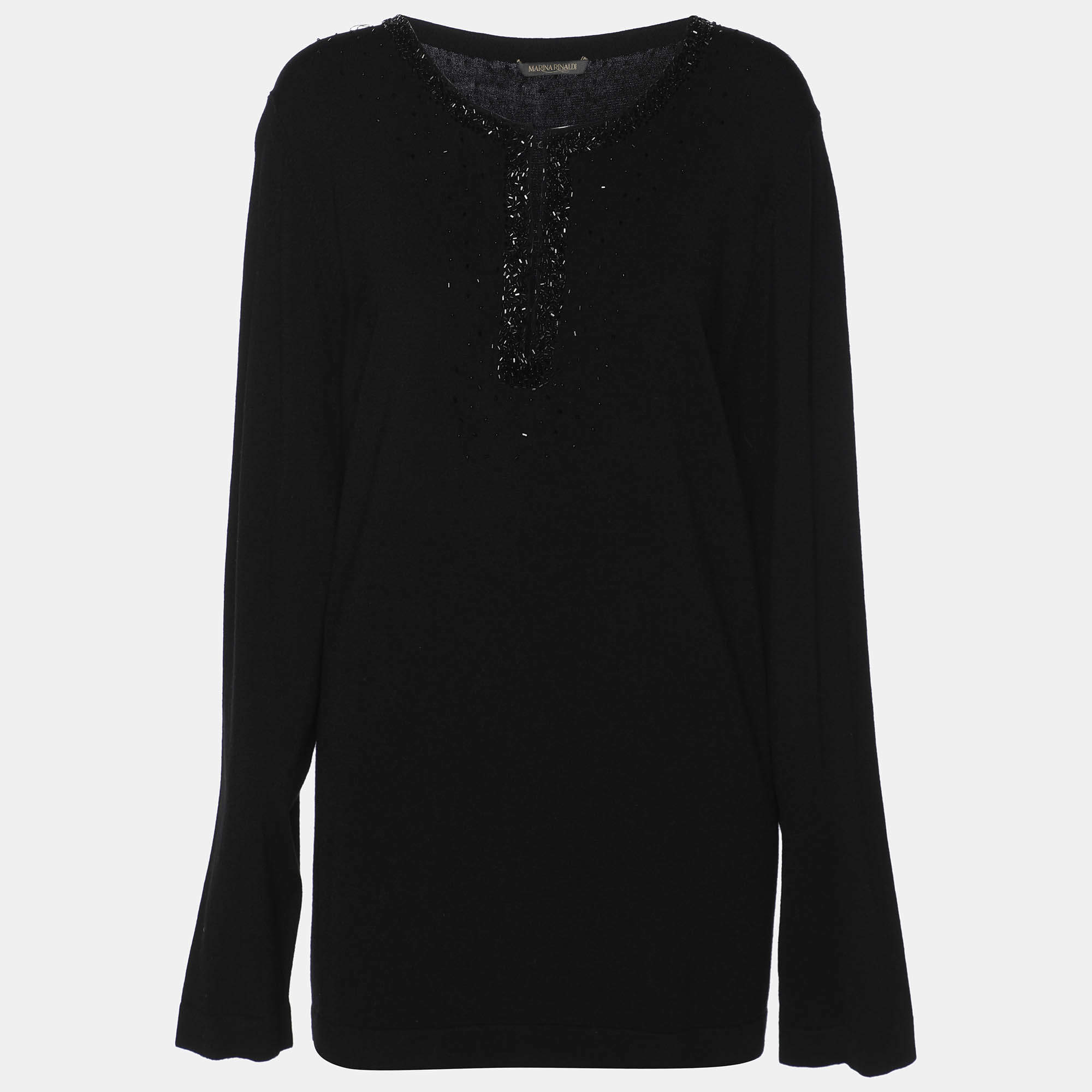 Pre Owned Marina Rinaldi Black Jersey Beads Embellished Tops XL