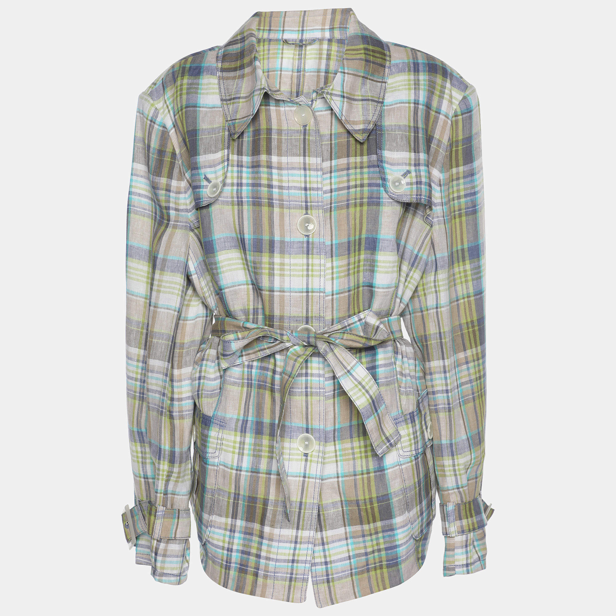 مملوكة مسبقًا Basler Green Checkered Linen Long Sleeve Belted Cuff Shirt XL
