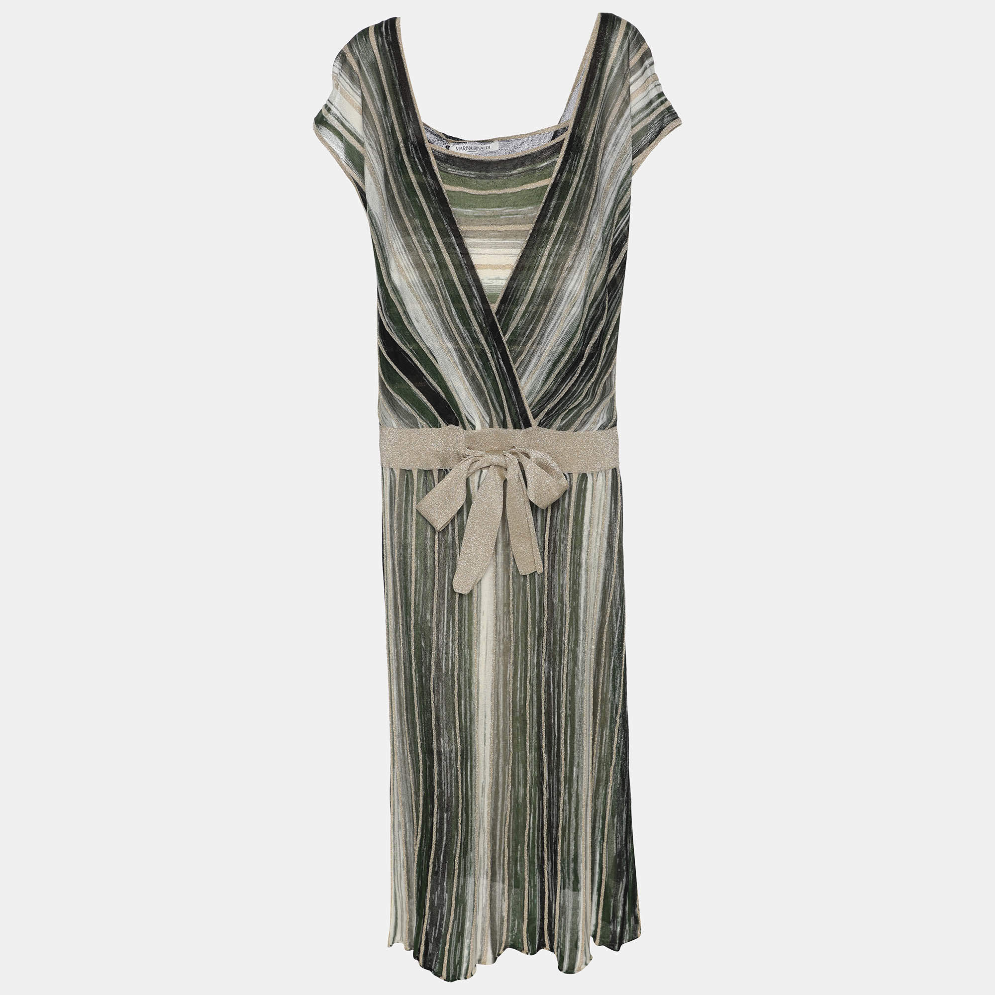 Pre Owned Marina Rinaldi Grey/Black Stripe Stretch Knit Midi Dress L