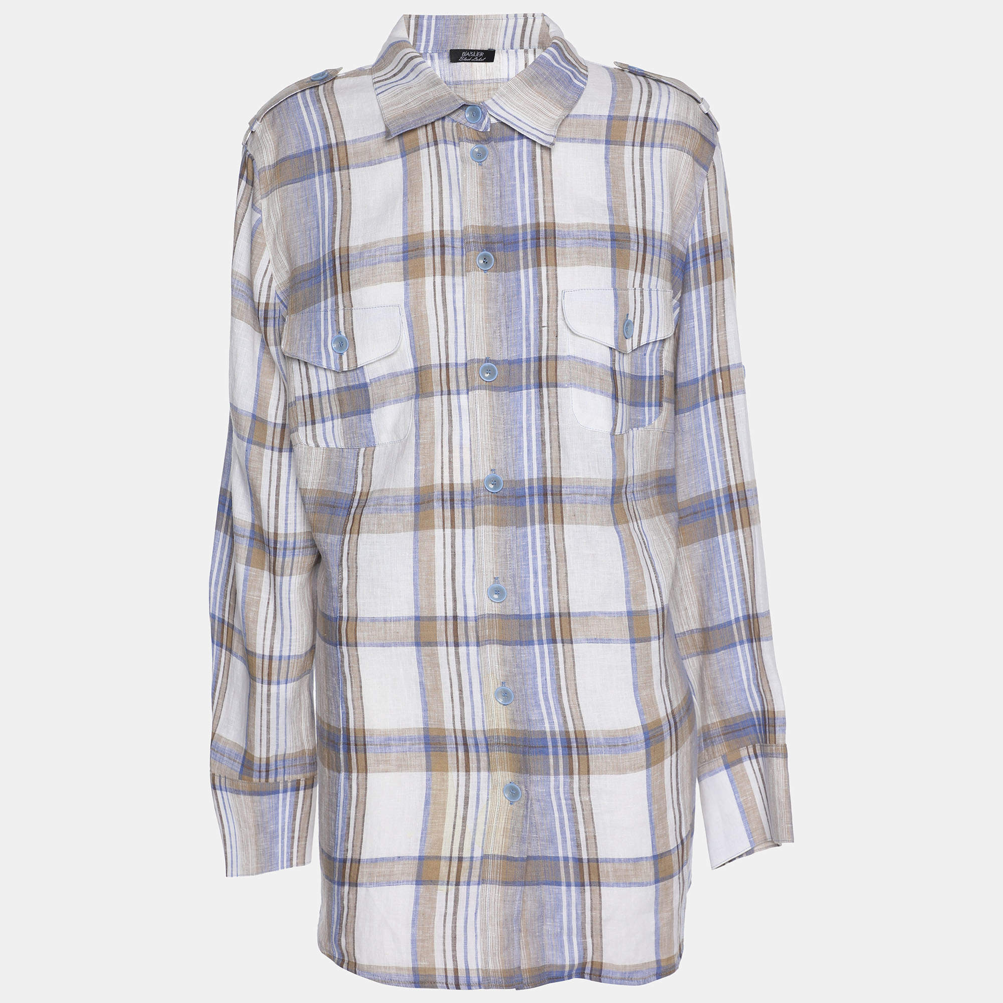 مملوكة مسبقًا Basler Multicolor Check Linen Long Sleeve Shirt XL