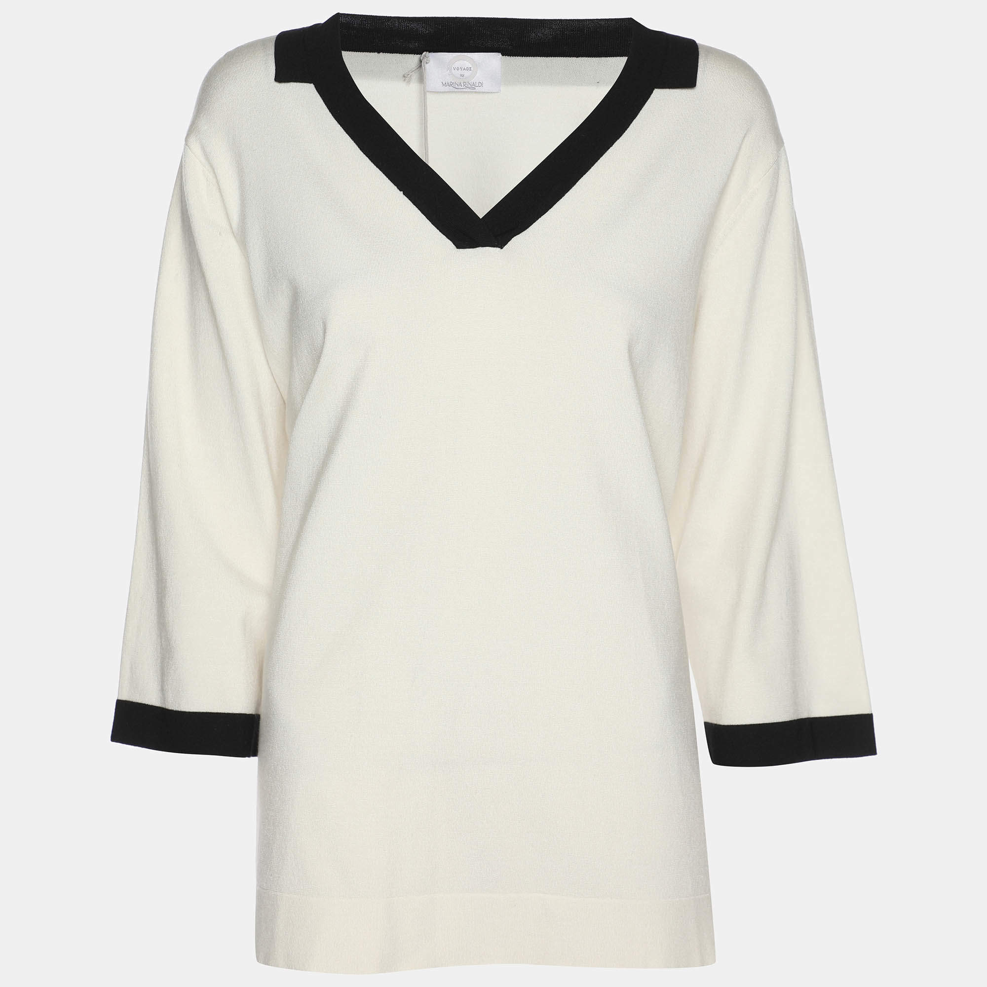 مملوكة مسبقًا سترة برقبة على شكل V بتقليم متباين من جيرسي بلون كريمي مارينا رينالدي مقاس كبير