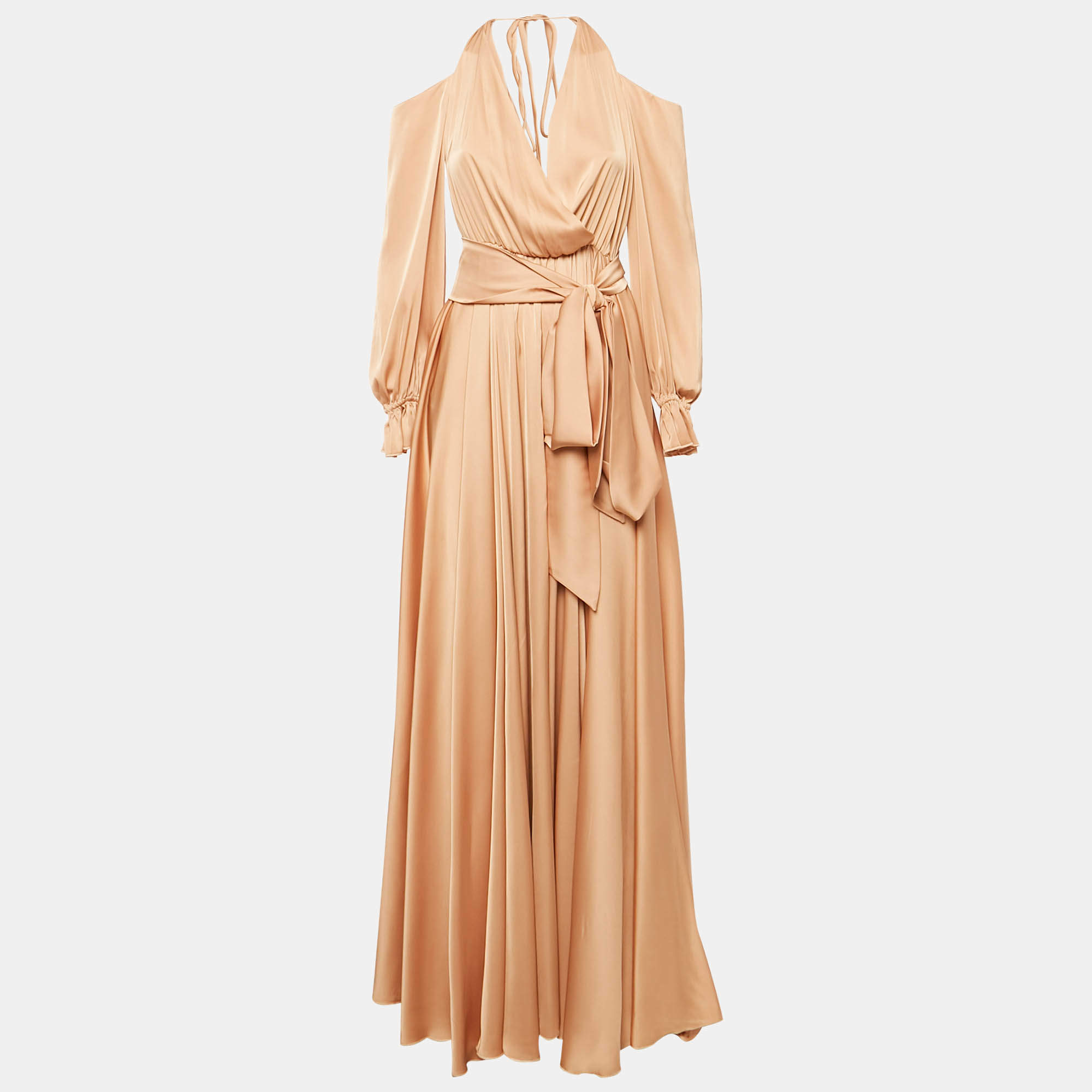 Pre Owned Maison d'Angelann Gold Beige Silk Satin Draped Off-Shoulder Long Dress M