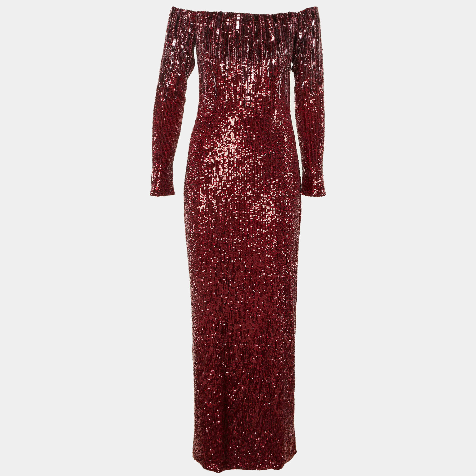Pre Owned Pamella Roland Dark Red Sequinned Off-The-Shoulder Long Dress S