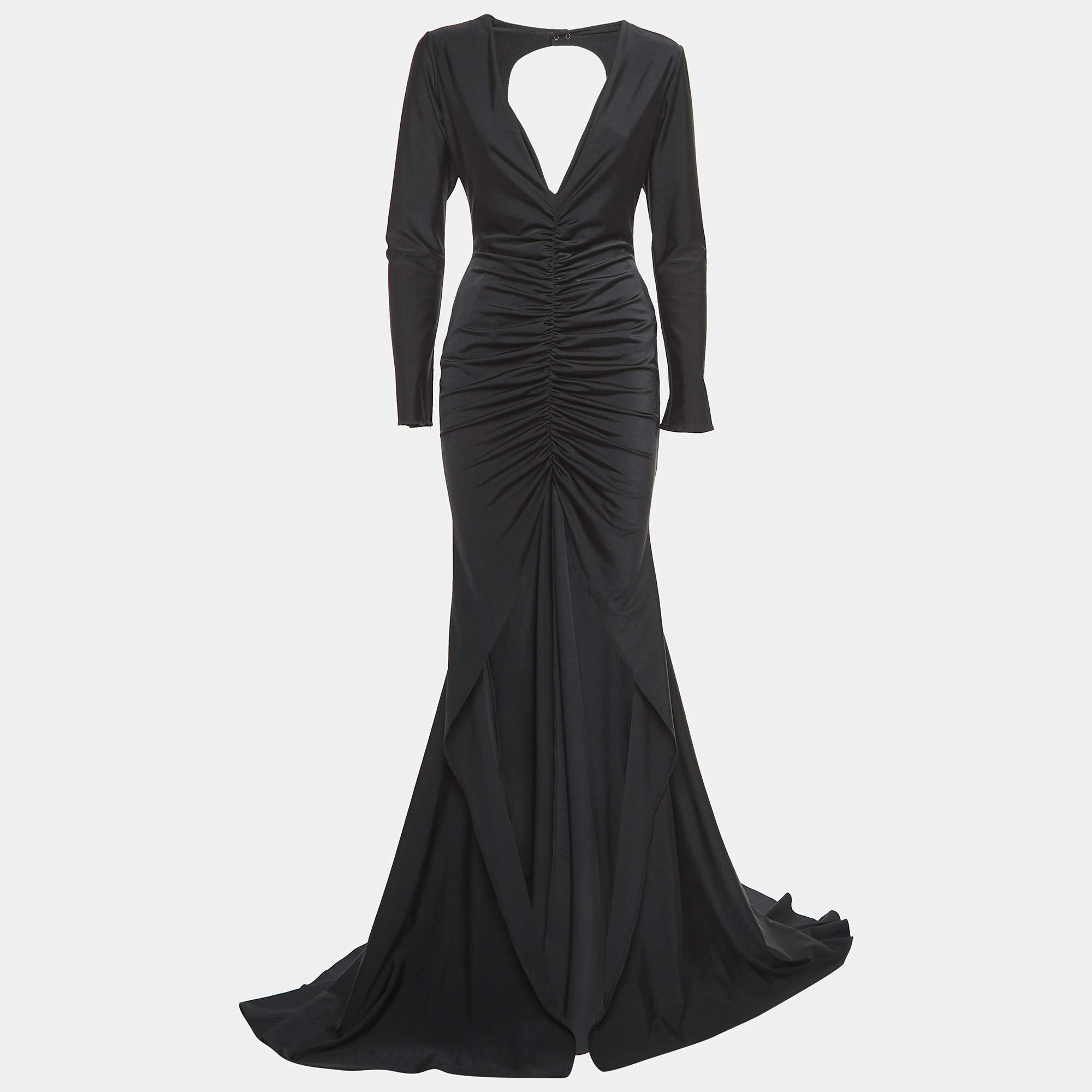 مملوكة مسبقًا Michael Costello Black Jersey Deep V-Neck Ruched Gown M