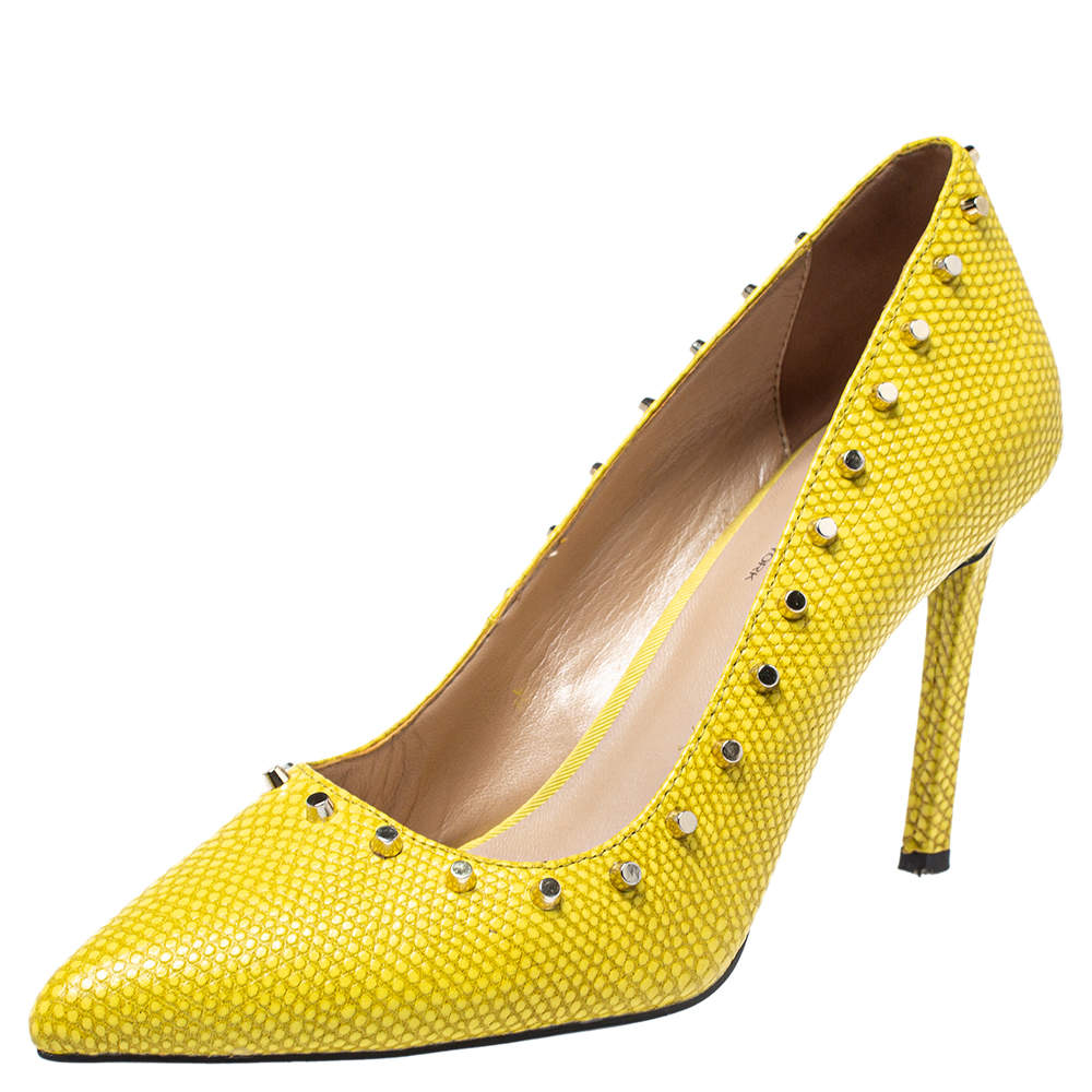 Dkny Yellow Lizard Embossed Leather Evana Leather Pumps Size 38