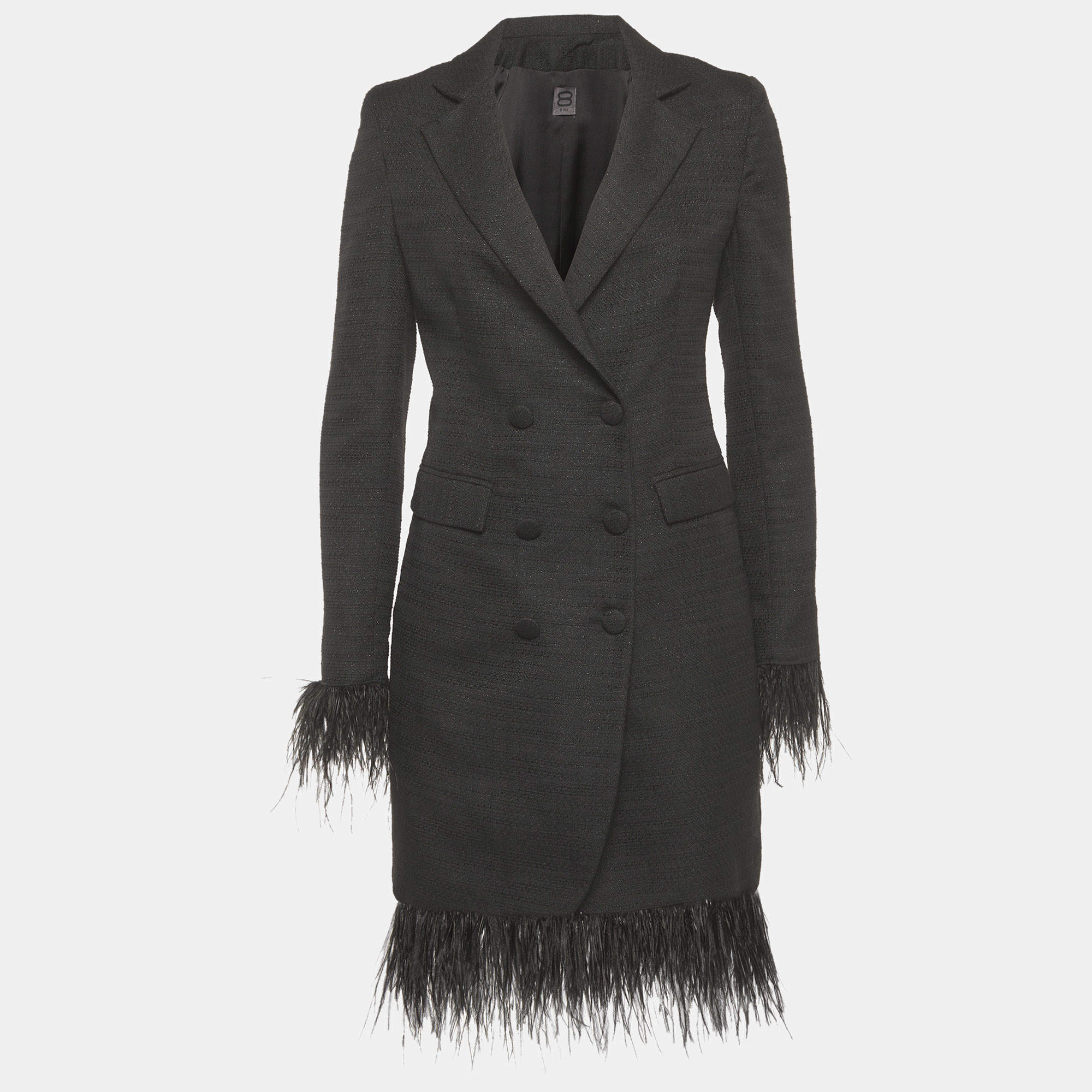 مملوكة مسبقًا 8 by Yoox Black Tweed Feather Trim Blazer and Mini Skirt Suit S