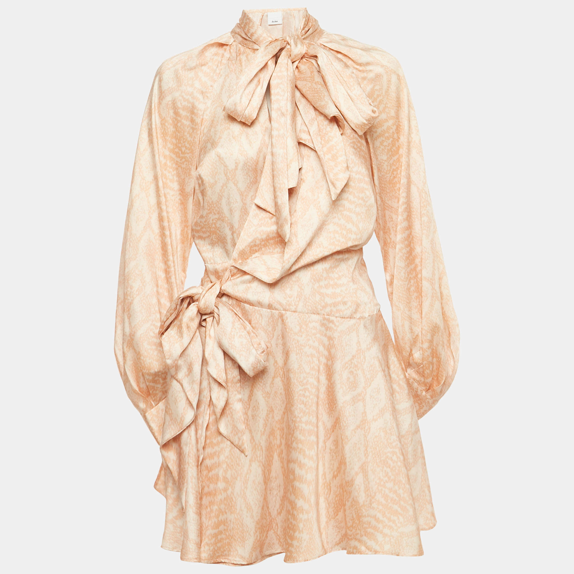 Pre Owned Acler Beige Snakeskin Print Satin Mini Wrap Dress S