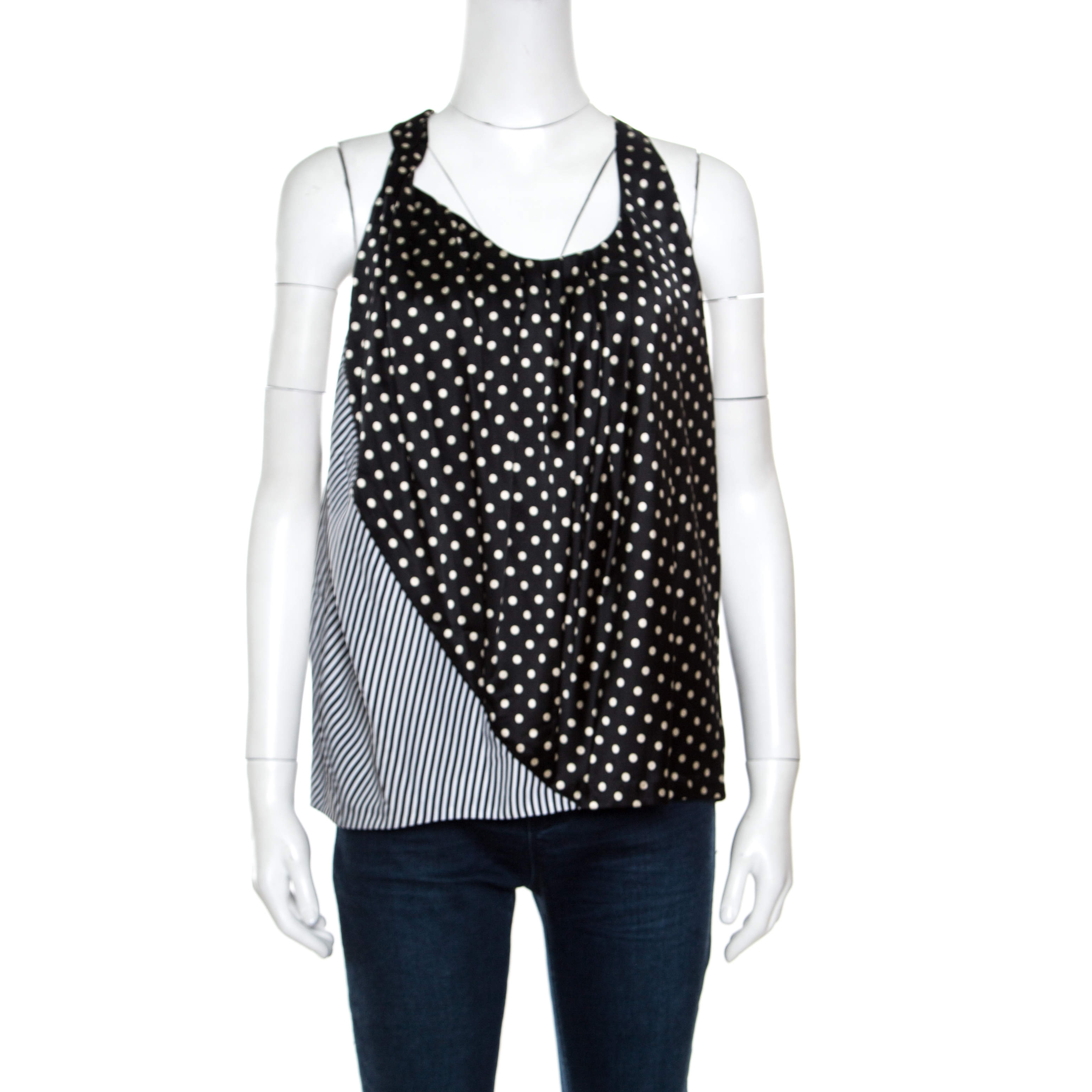 Pre Owned Acne Monochrome Shy Dots and Striped Panel Detail Silk Asymmetric Tank Top L
