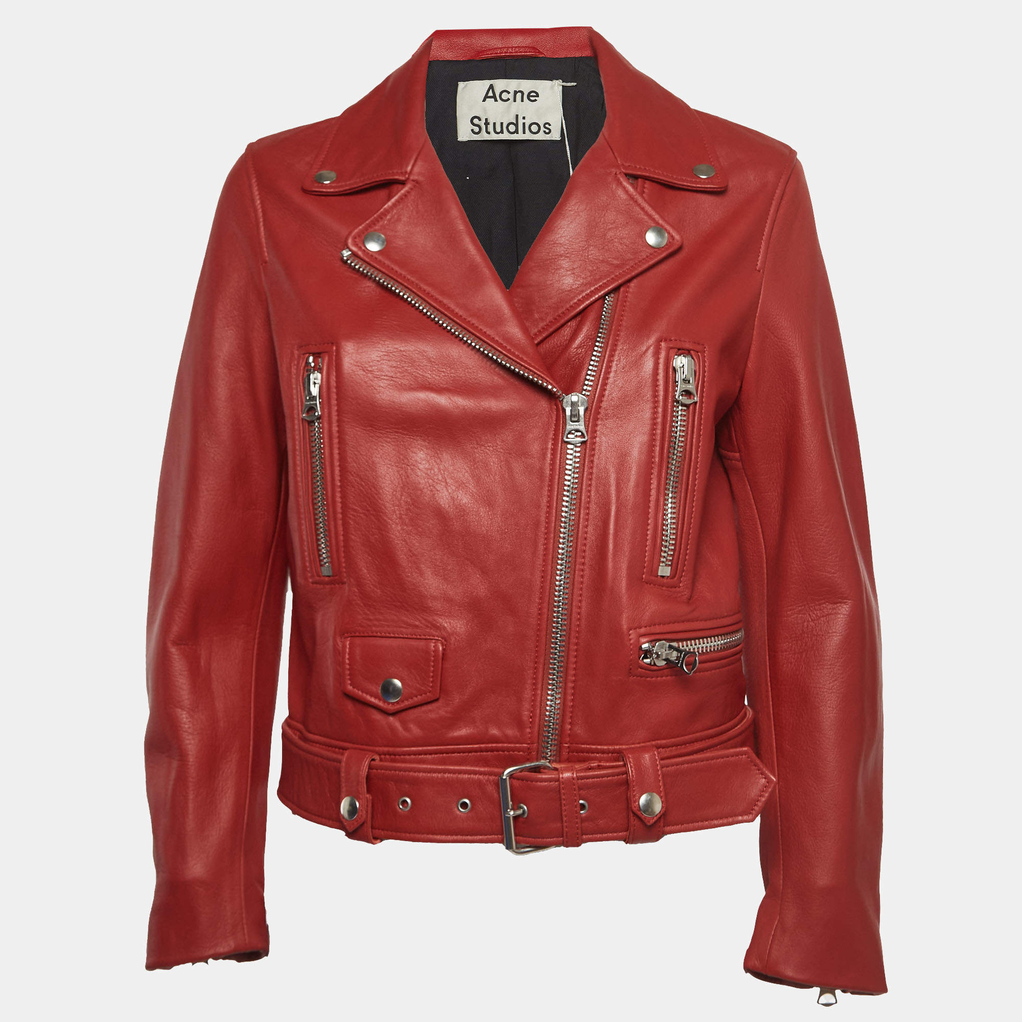 Pre Owned Acne Studios Red Leather Biker Jacket M