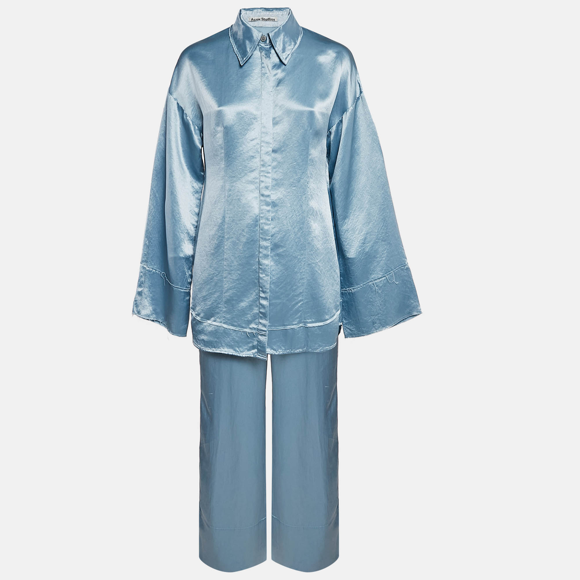 Pre Owned Acne Studios Blue Satin Pame Fluid Shirt and Trousers Set S