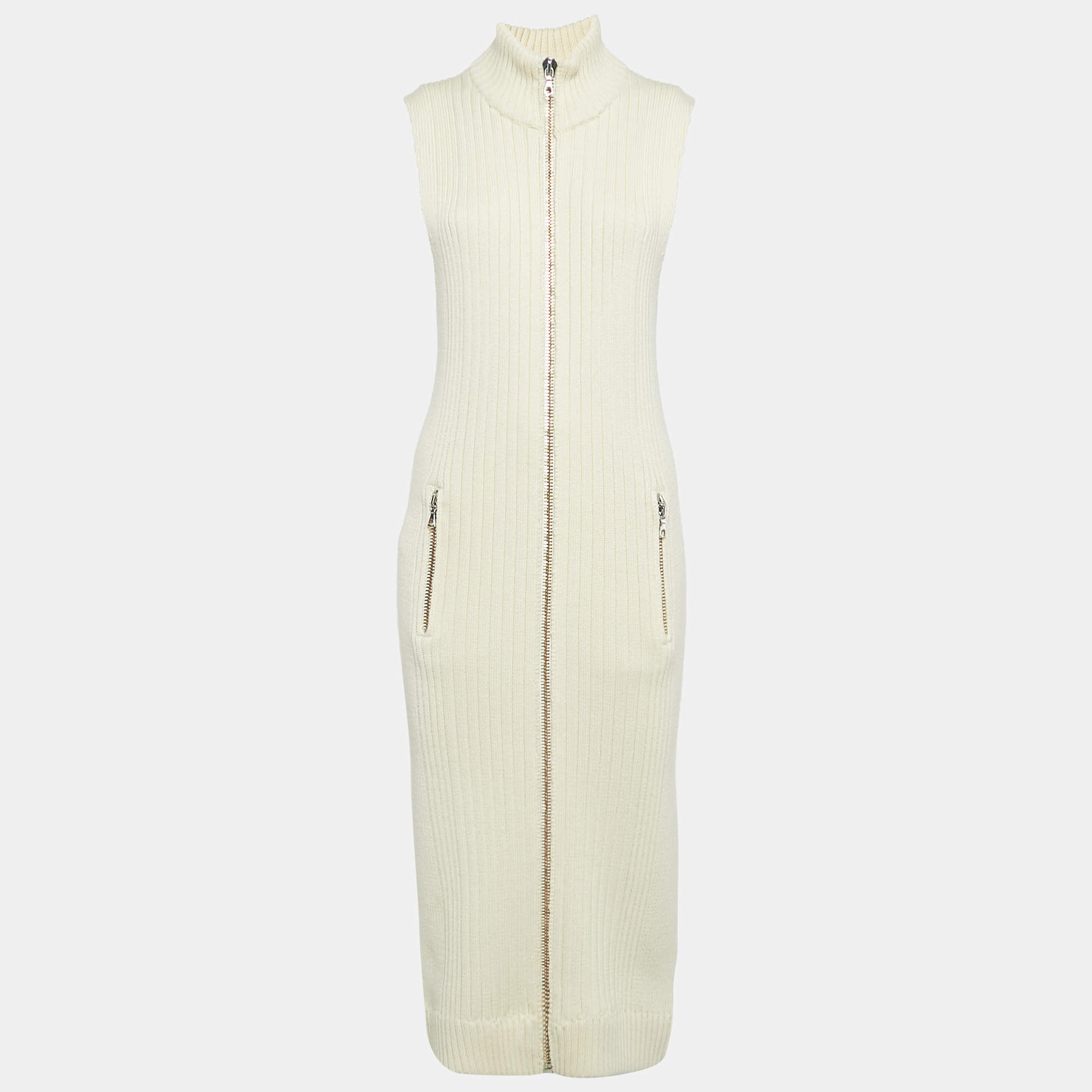 Acne Studios Cream Rib Knit Zip-Up Sleeveless Midi Sweater Dress S