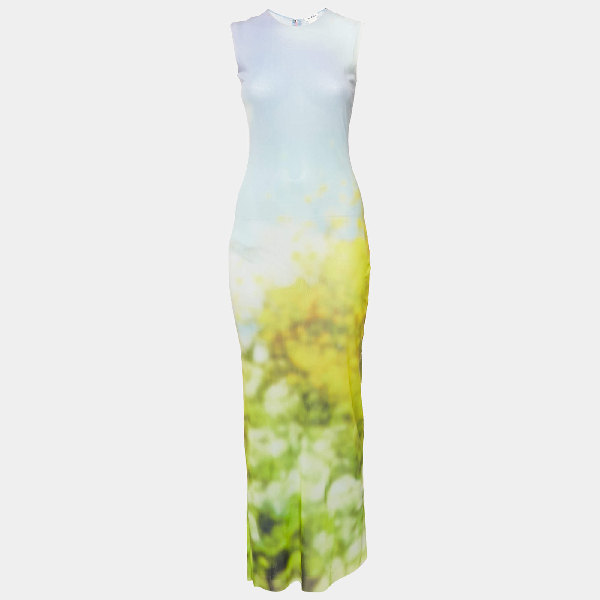 Pre Owned Acne Studios Blue Blurred Print Mesh Maxi Dress XS