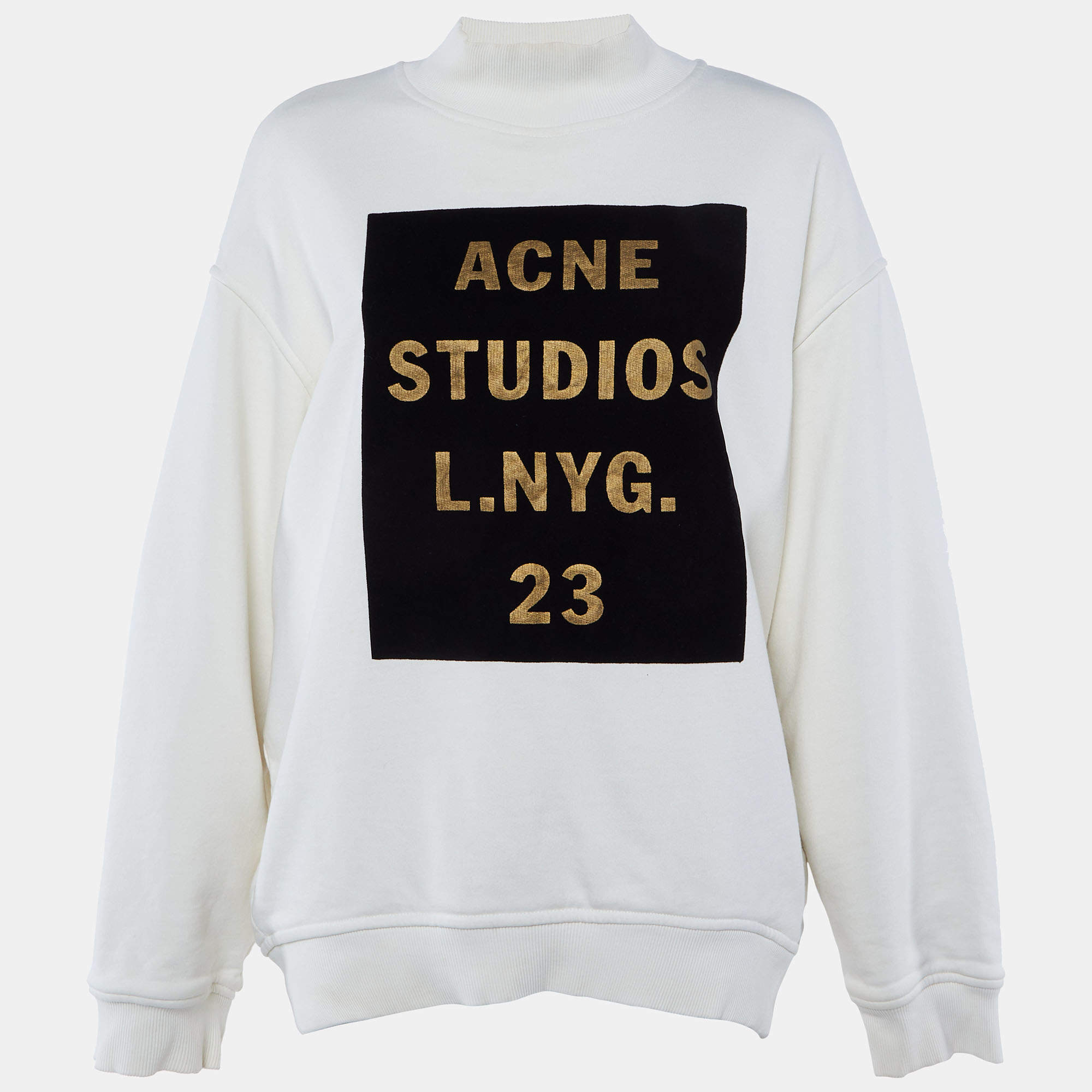Pre Owned Acne Studios Cream Flocked Logo Cotton High Neck Sweatshirt M
