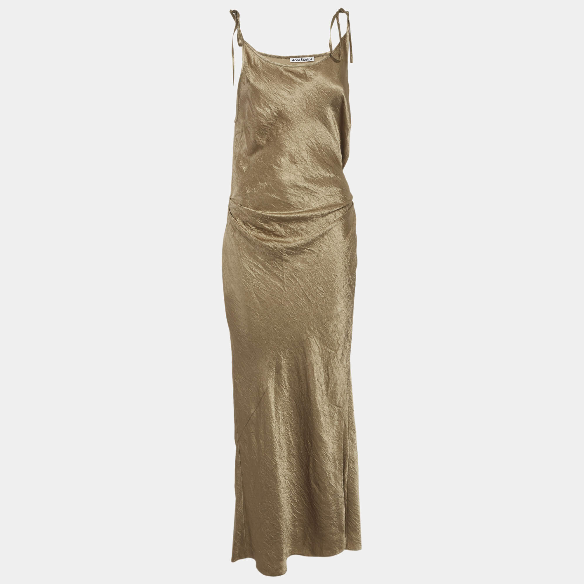 Pre Owned Acne Studios Brown Crinkled Satin Wrap Maxi Dress M