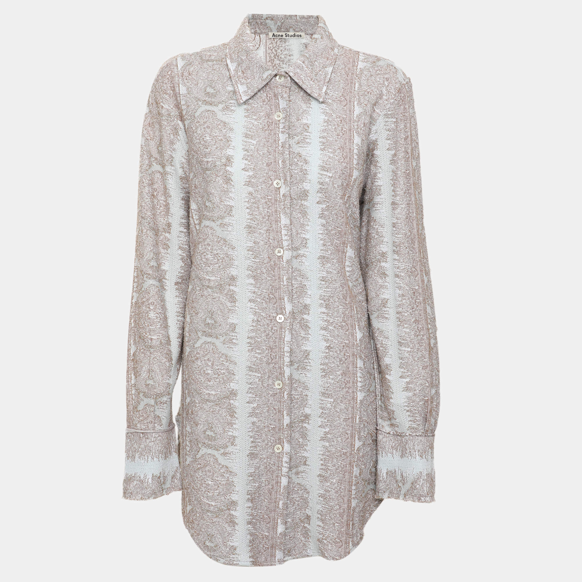 Pre Owned Acne Studios Metallic Khaki/Blue Jacquard Long Sleeve Shirt XS