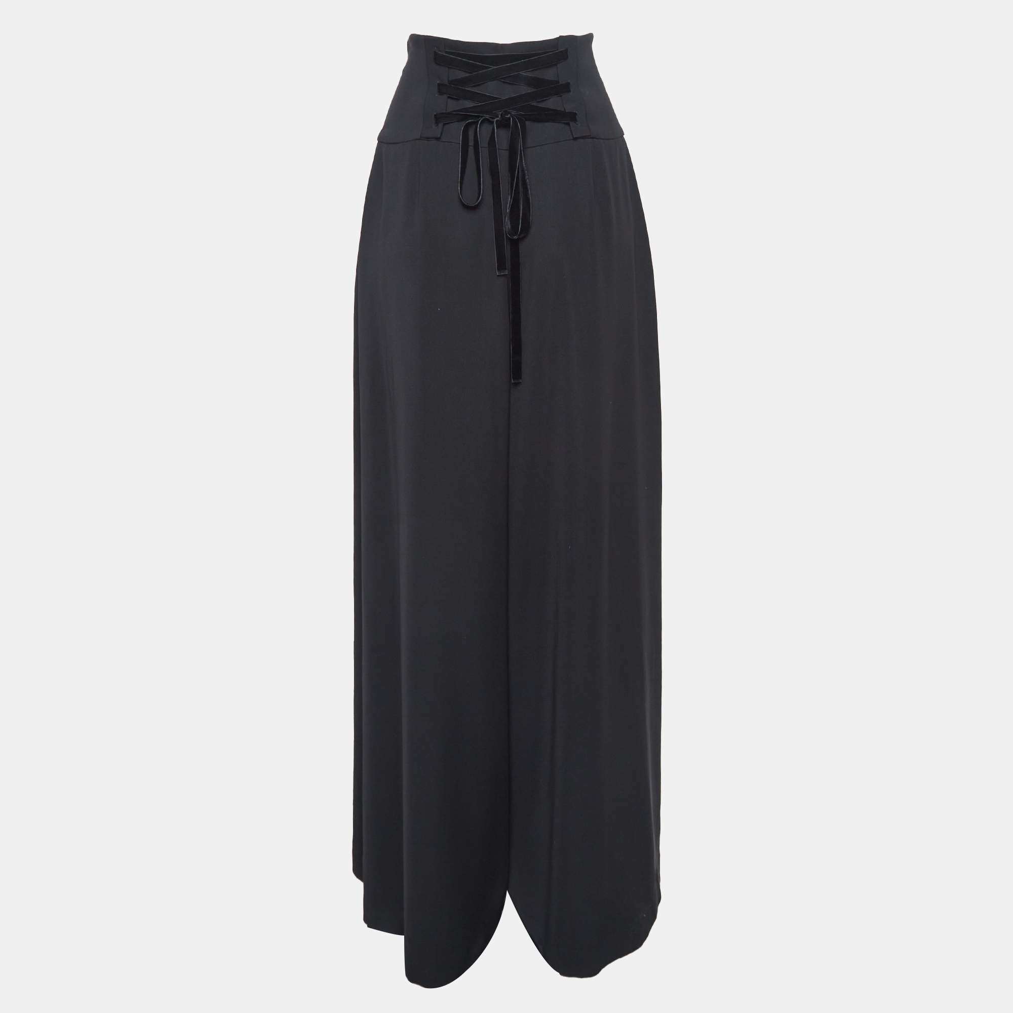 Adeam Black Crepe Lace-Up Wide-Leg Trousers M