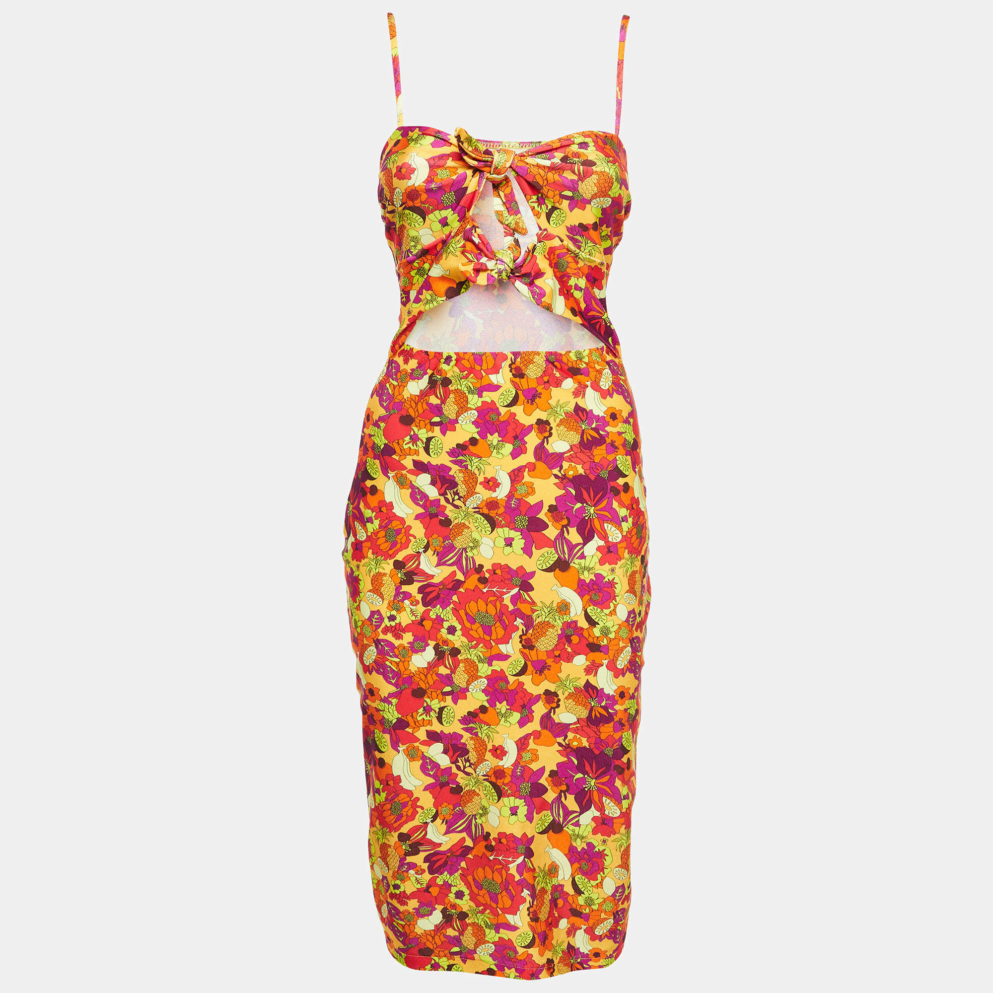 Adriana Degreas Multicolor Fruits Print Jersey Cut-Out Short Dress L