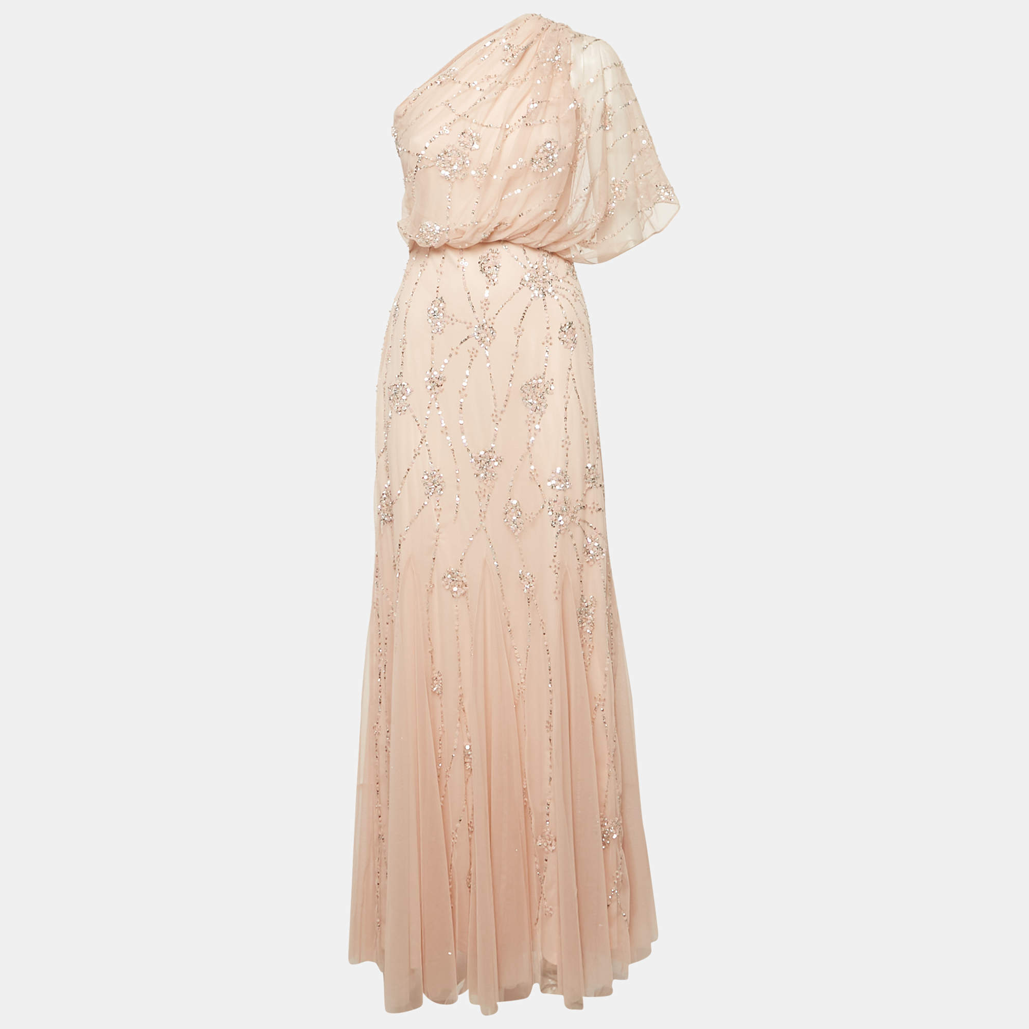 Adrianna Papell Pink Sequin Embroidered Tulle One Shoulder Gown S