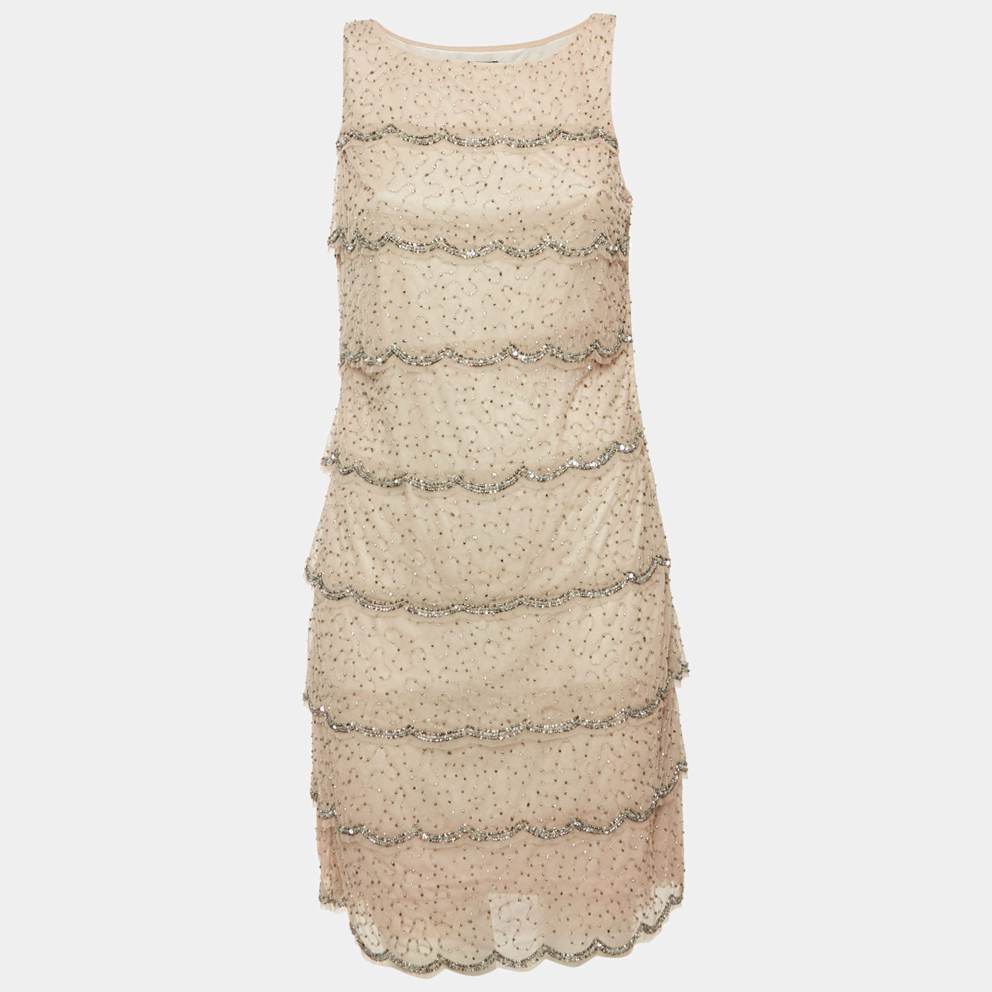 Pre Owned Adrianna Papell Evening Grey Beaded Tulle Tiered Mini Dress M