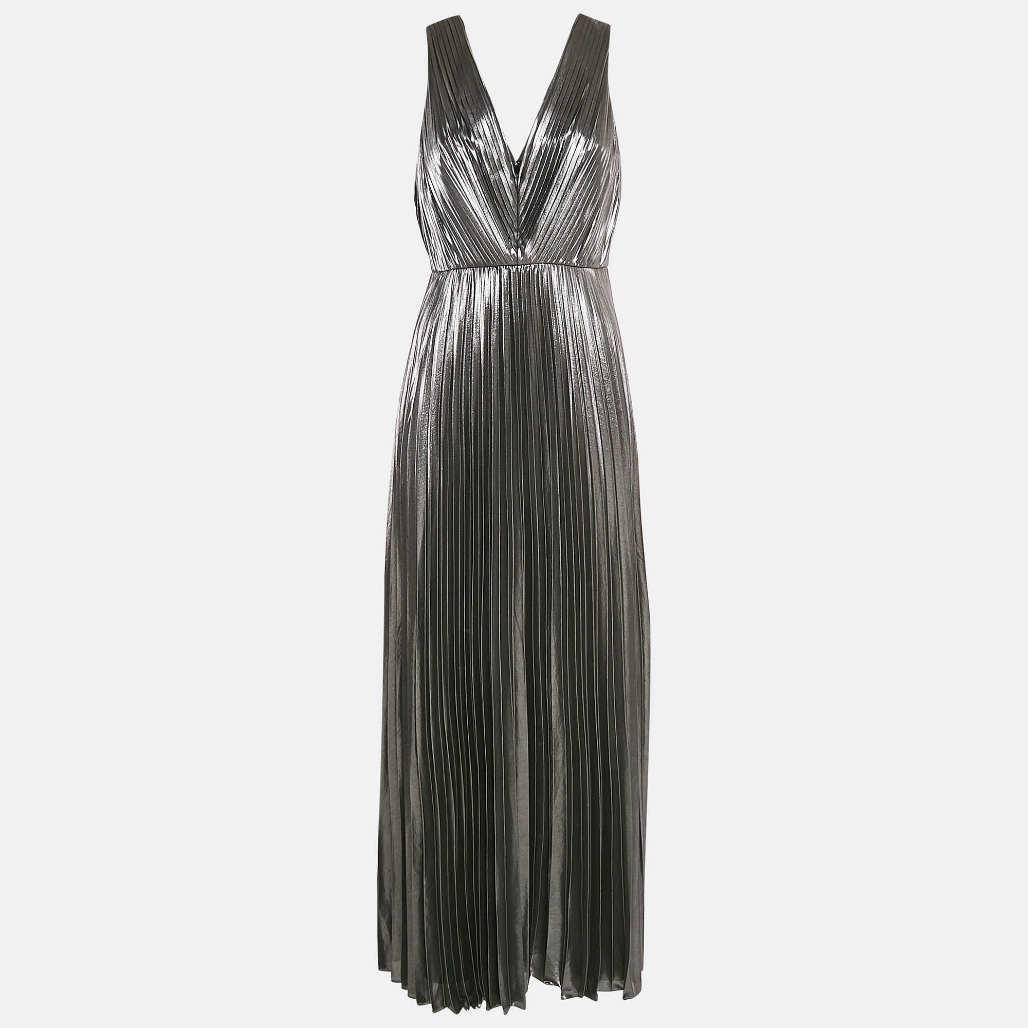 Aidan Mattox Silver Plisse Sleeveless Maxi Dress M
