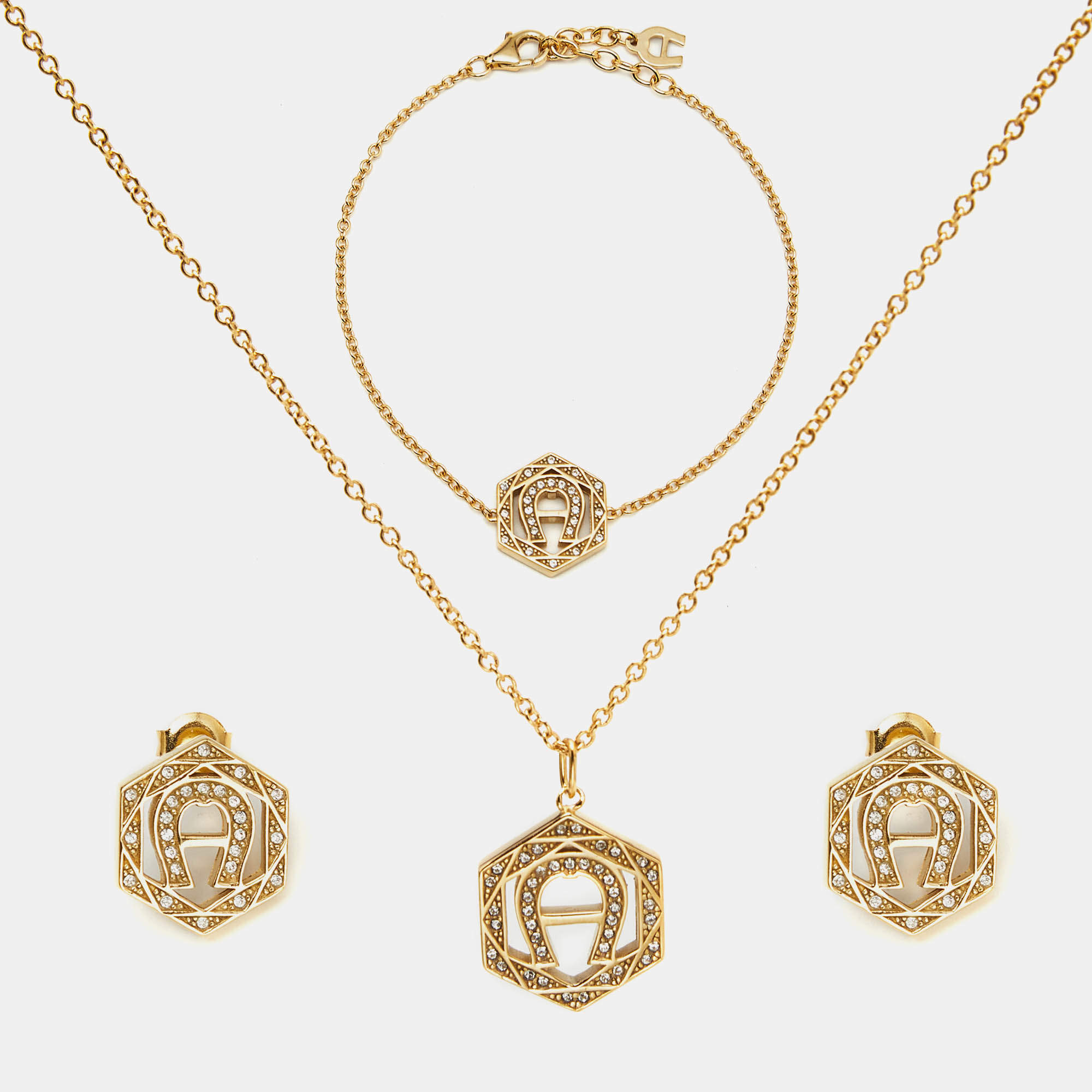 Aigner Logo Crystals Gold Tone Necklace Bracelet Earrings Set