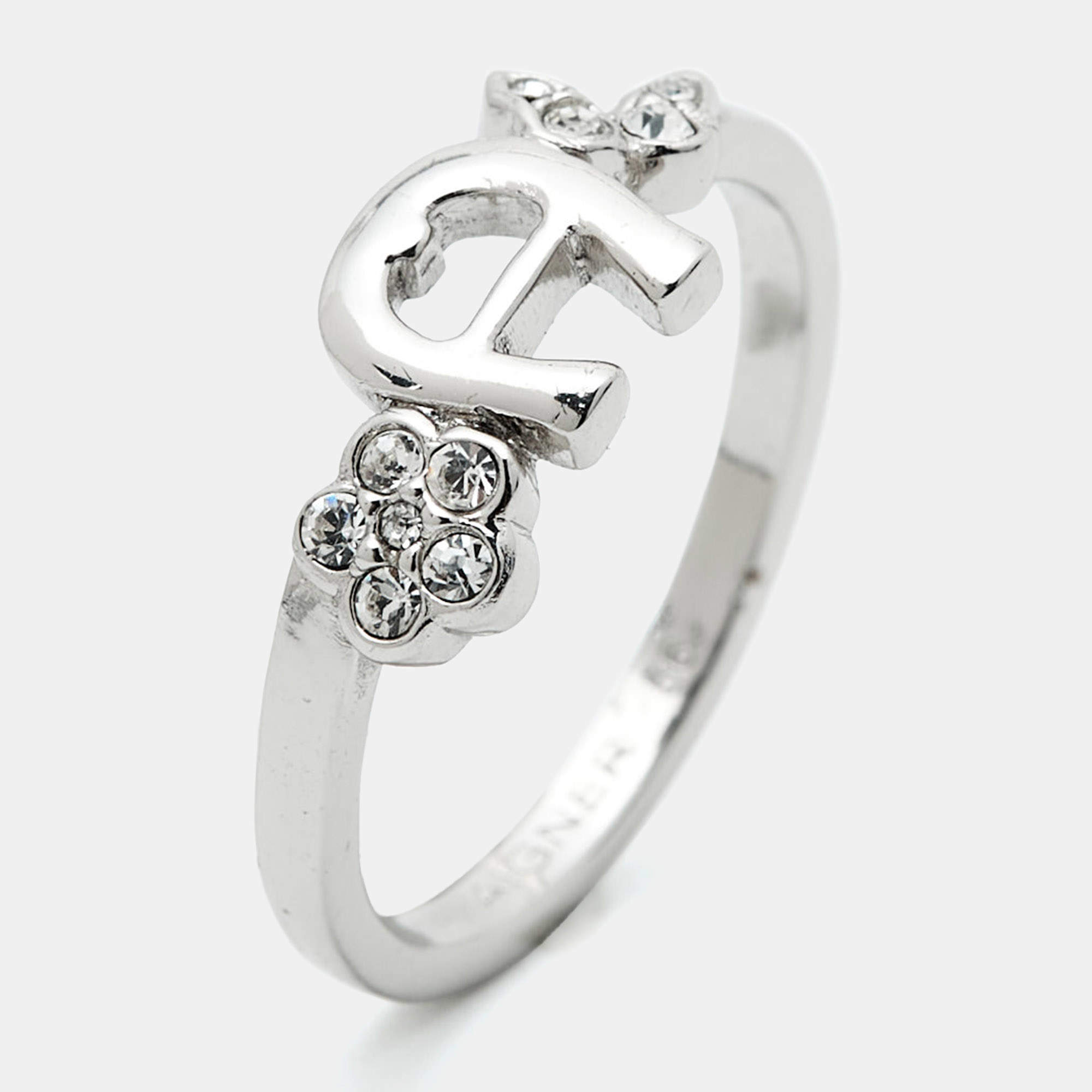 Pre Owned Aigner Logo Crystals Silver Tone Ring Size 56