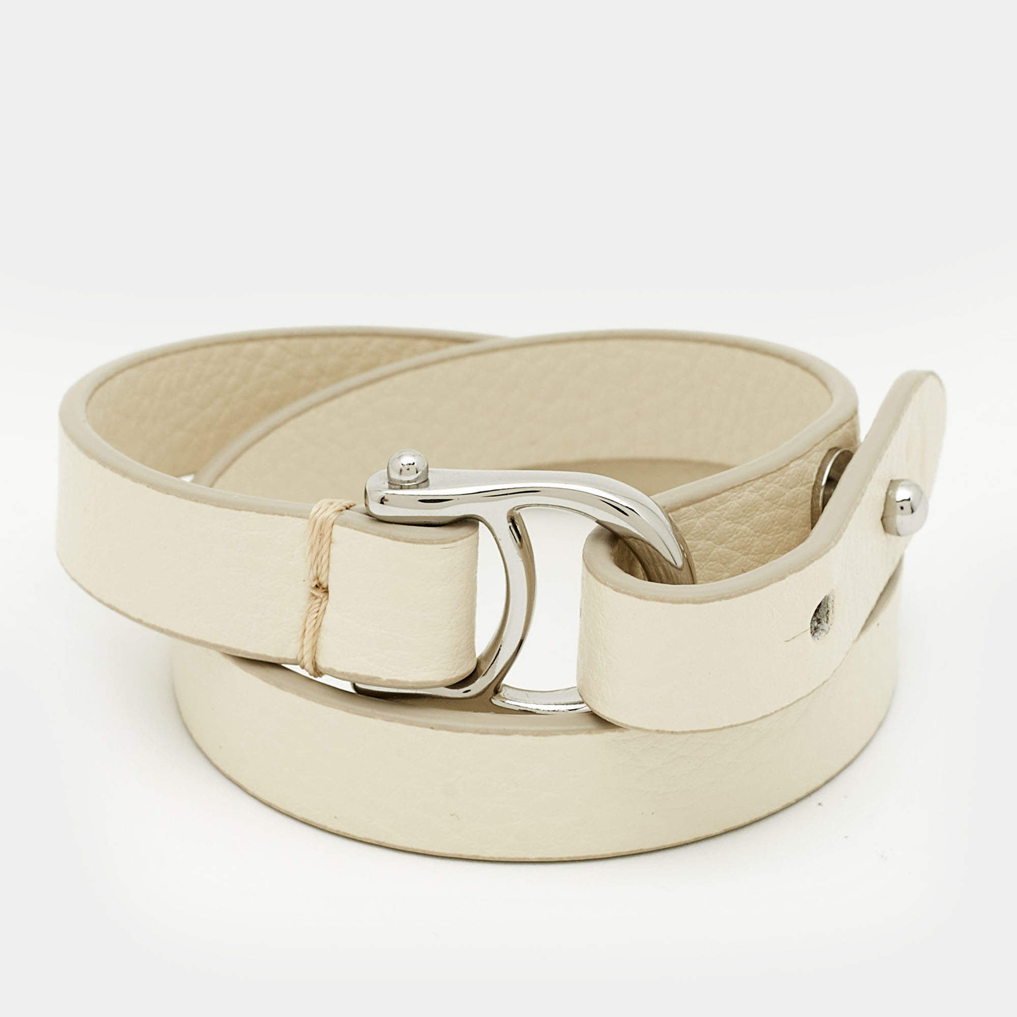 Pre Owned Aigner Logo Leather Silver Tone Wrap Bracelet