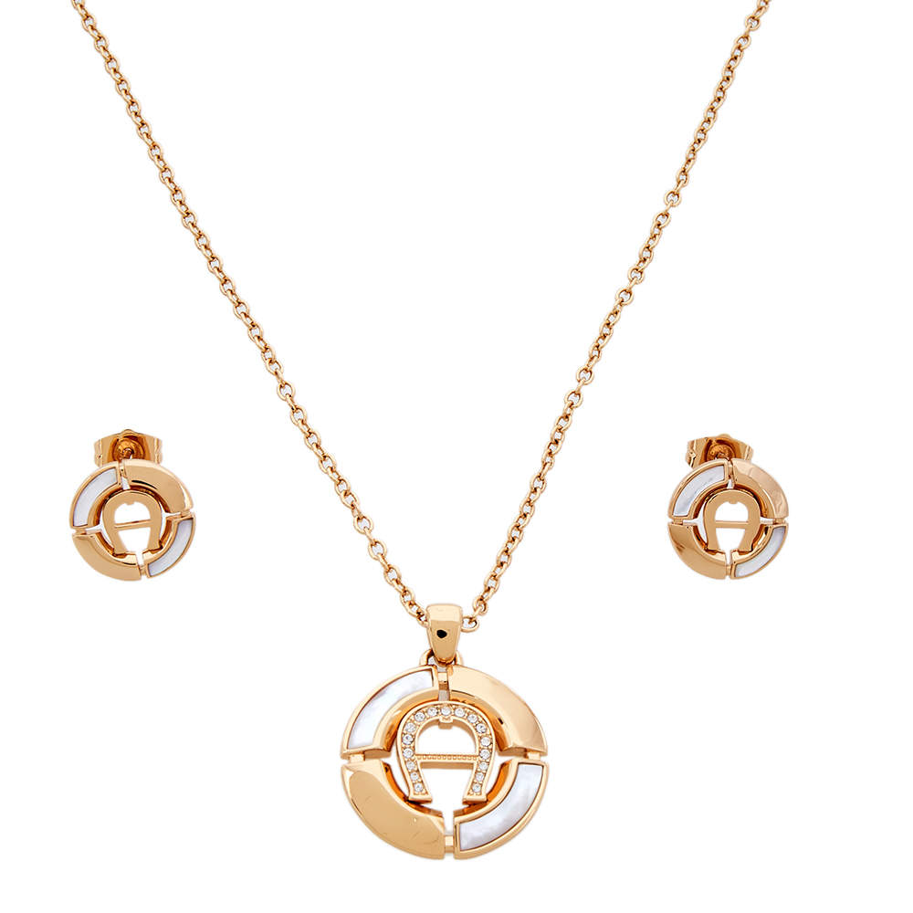 Pre Owned Aigner Gold Tone Crystal Logo Earring & Pendant Necklace Set