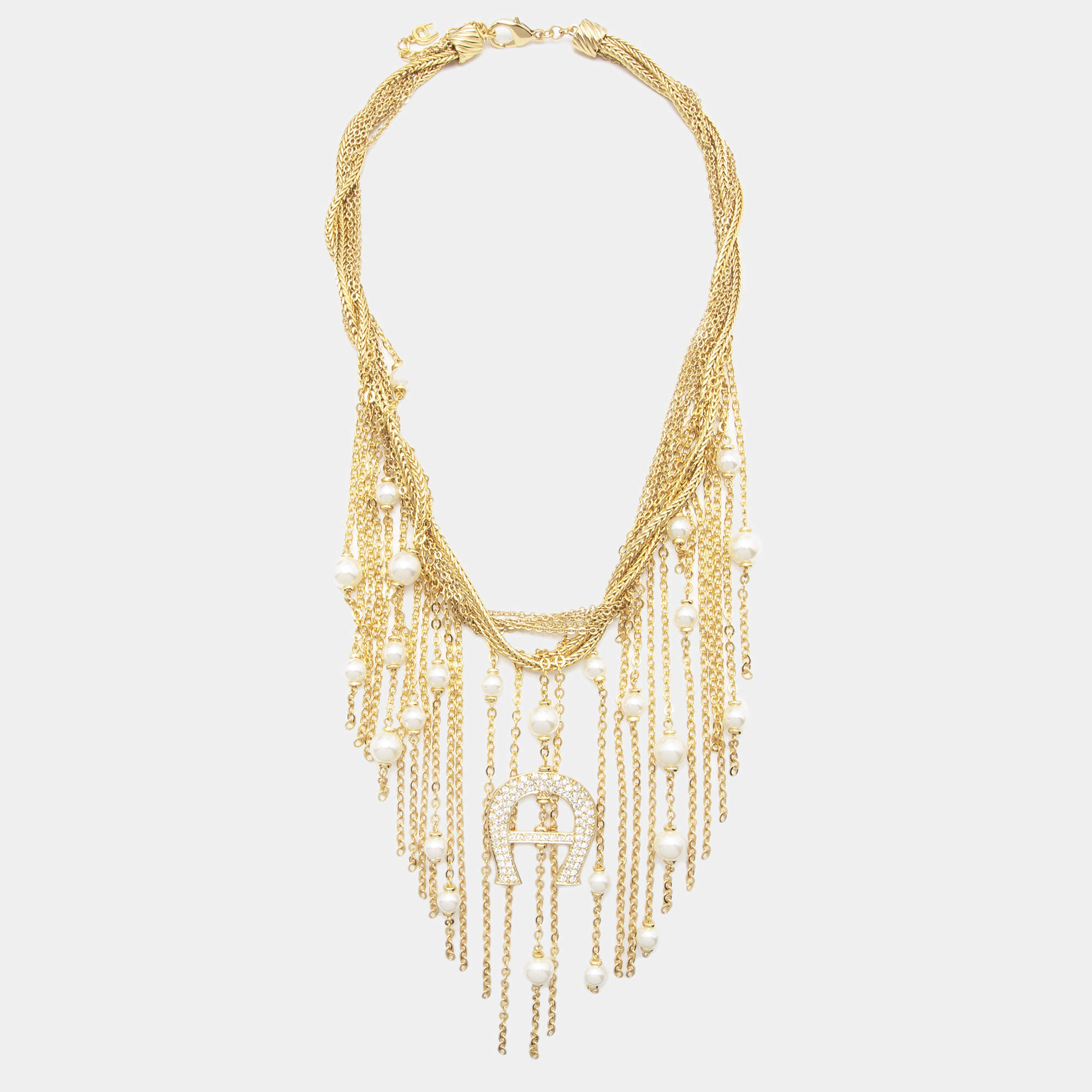 Pre Owned Aigner Capri Faux Pearl Crystal Gold Stone Multi Strand Lariat Necklace