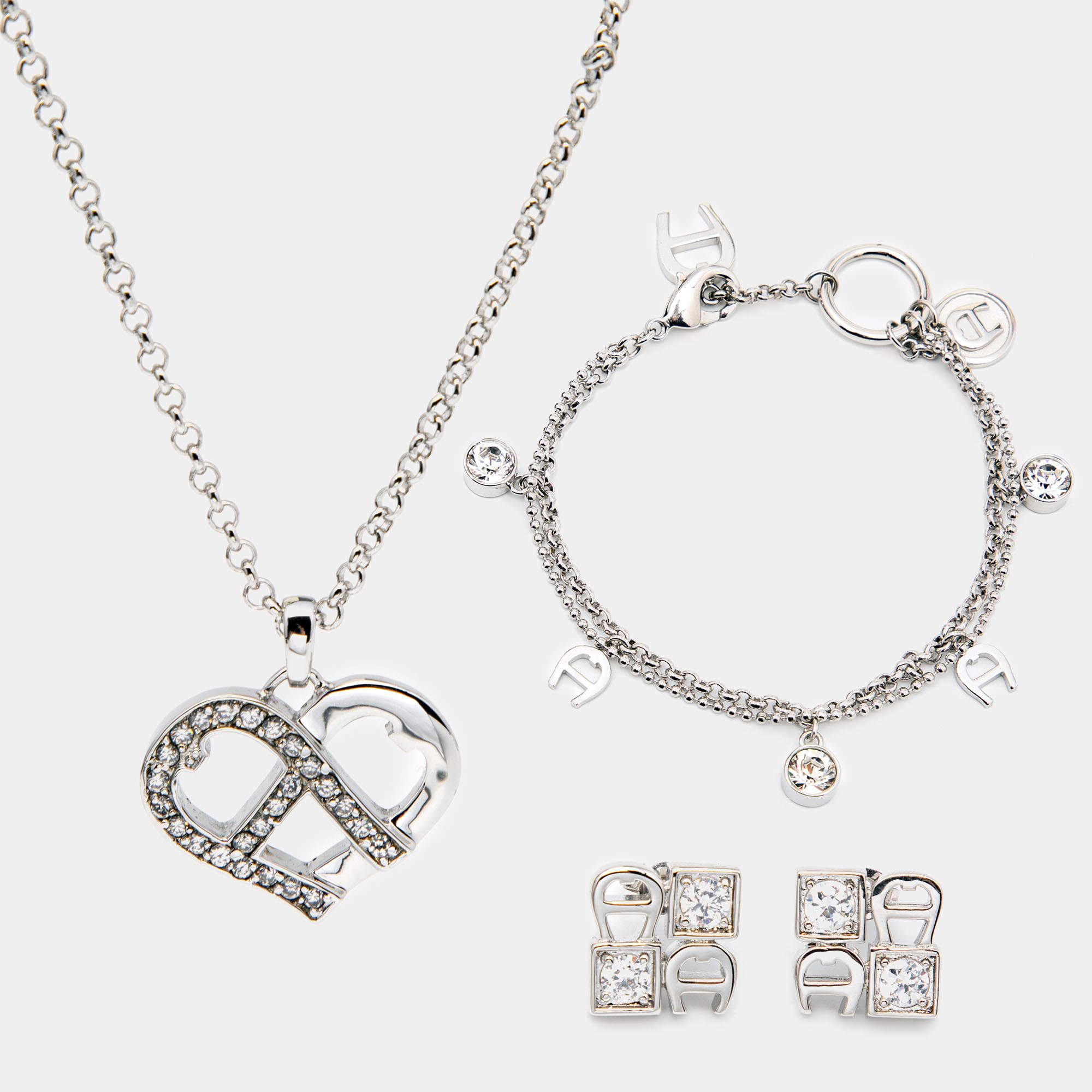 Aigner Crystals Silver Tone Necklace Set with Bracelet