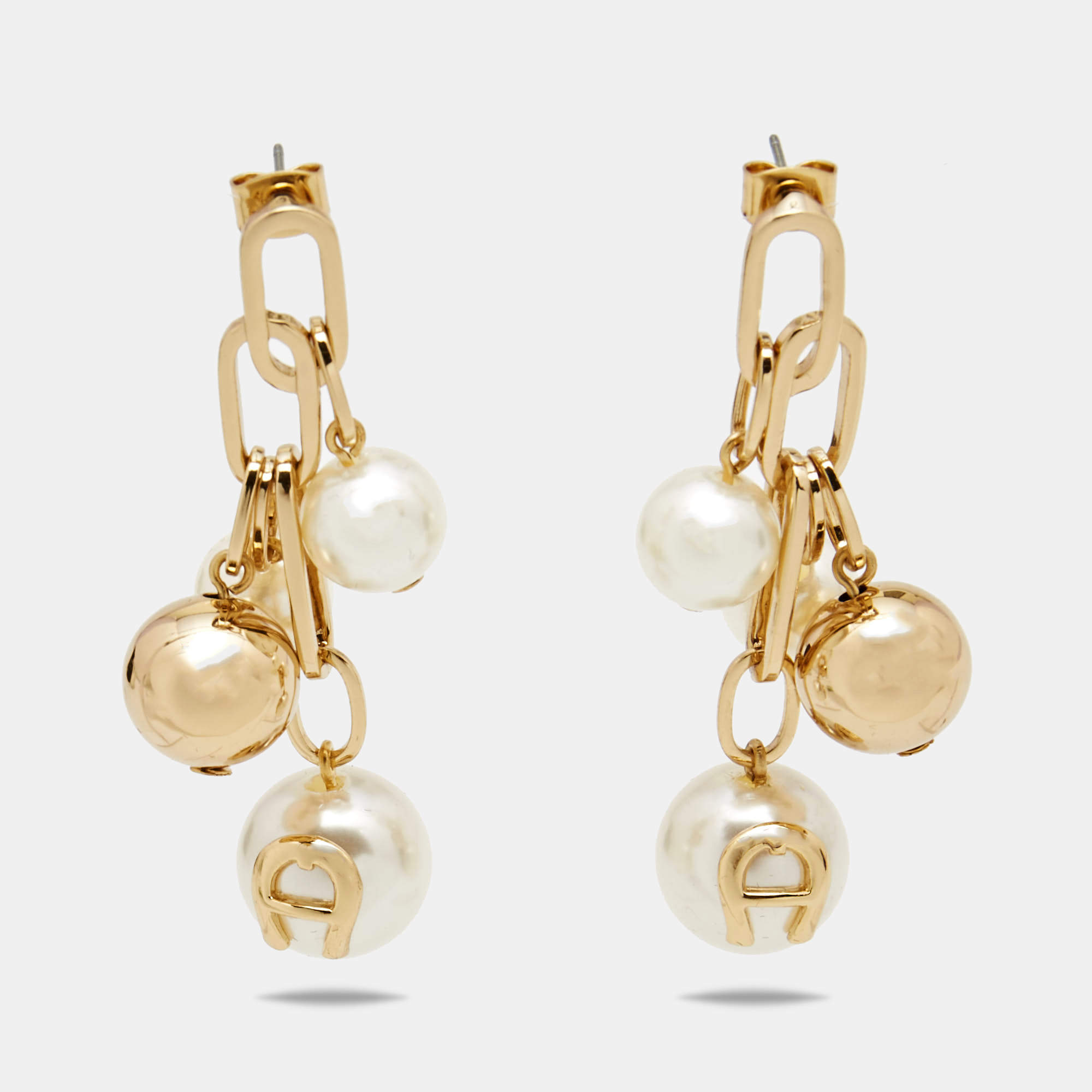 Pre Owned Aigner Faux Pearl Gold Tone Earrings