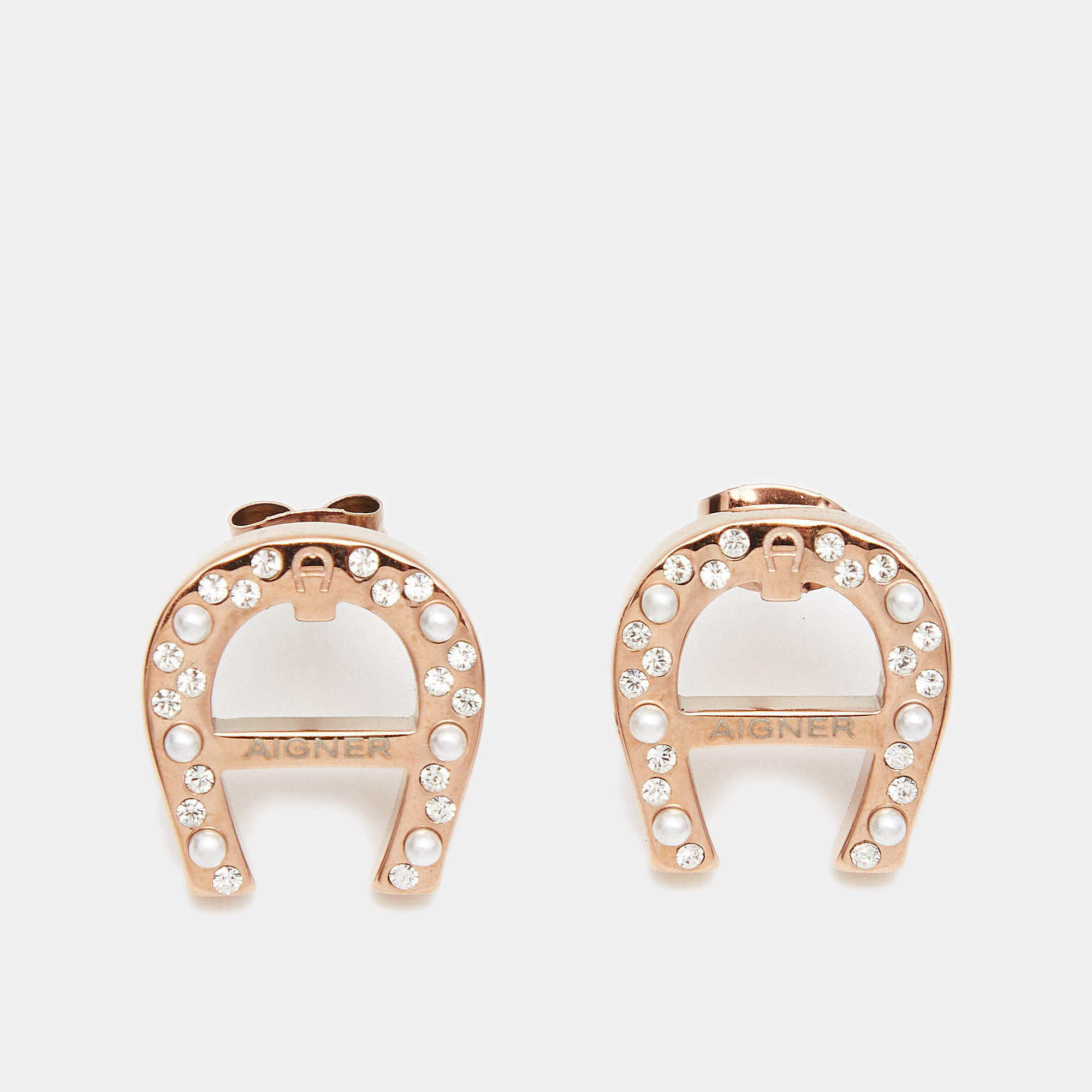 Pre Owned Aigner Crystals Faux Pearls Gold Tone Earrings