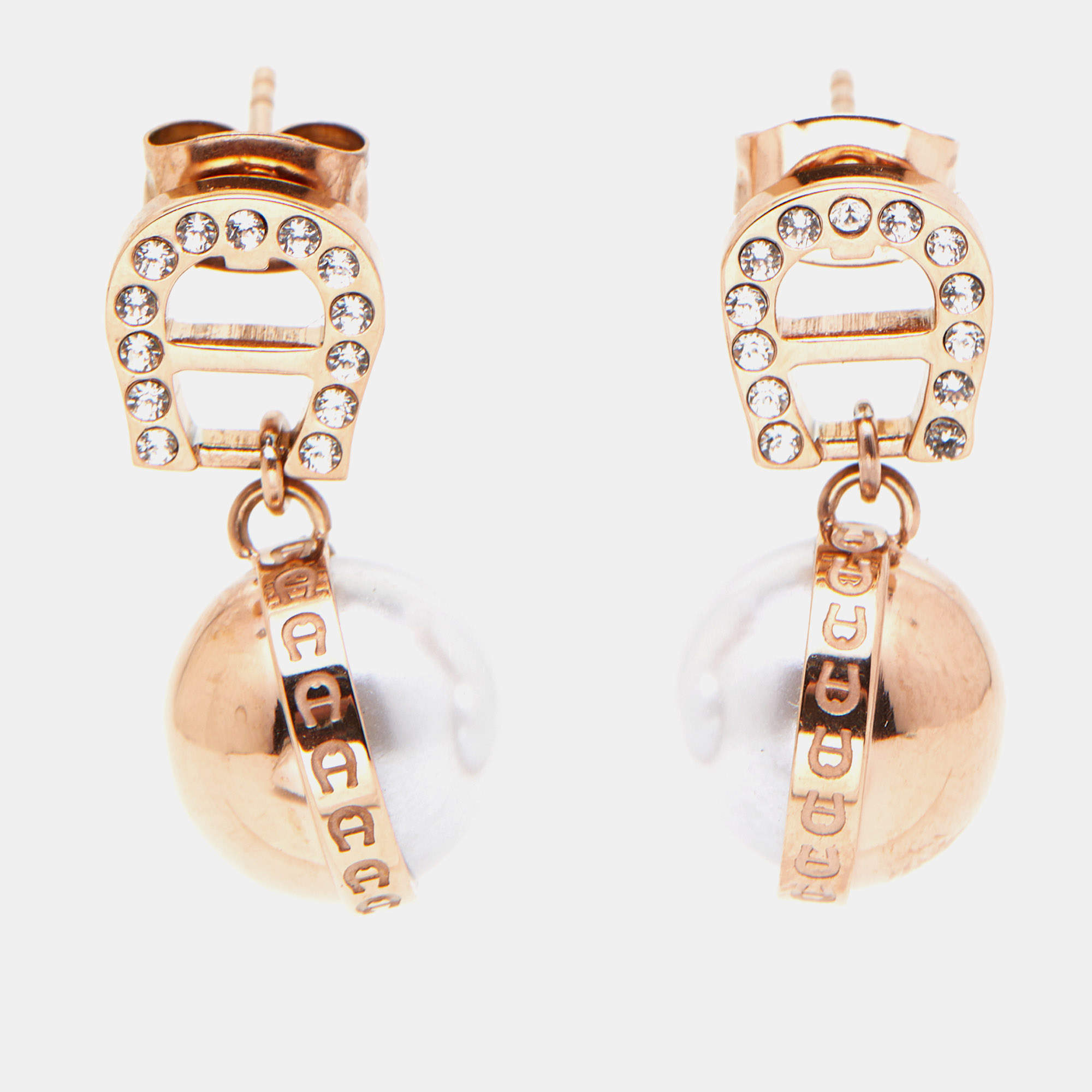Pre Owned Aigner Analia Rose Gold Tone Faux Pearl Drop Earrings