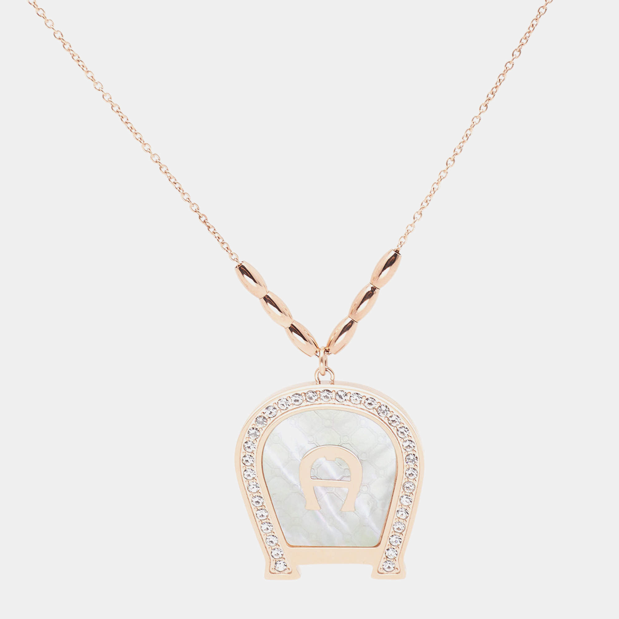 Pre Owned Aigner Rose Gold Tone Crystal Mother of Pearl A Logo Pendant Necklace