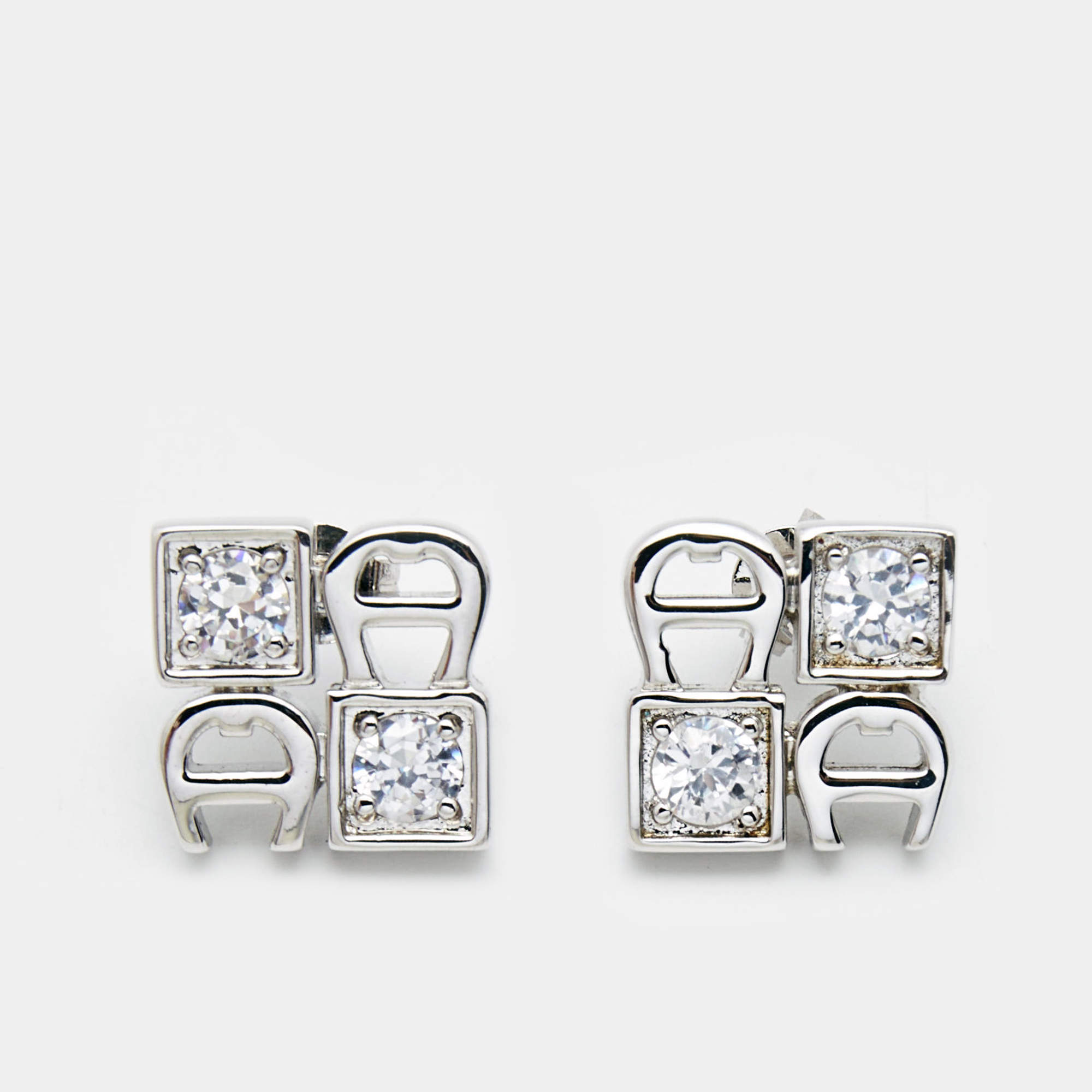 Pre Owned Aigner Crystals Logo Silver Tone Stud Earrings