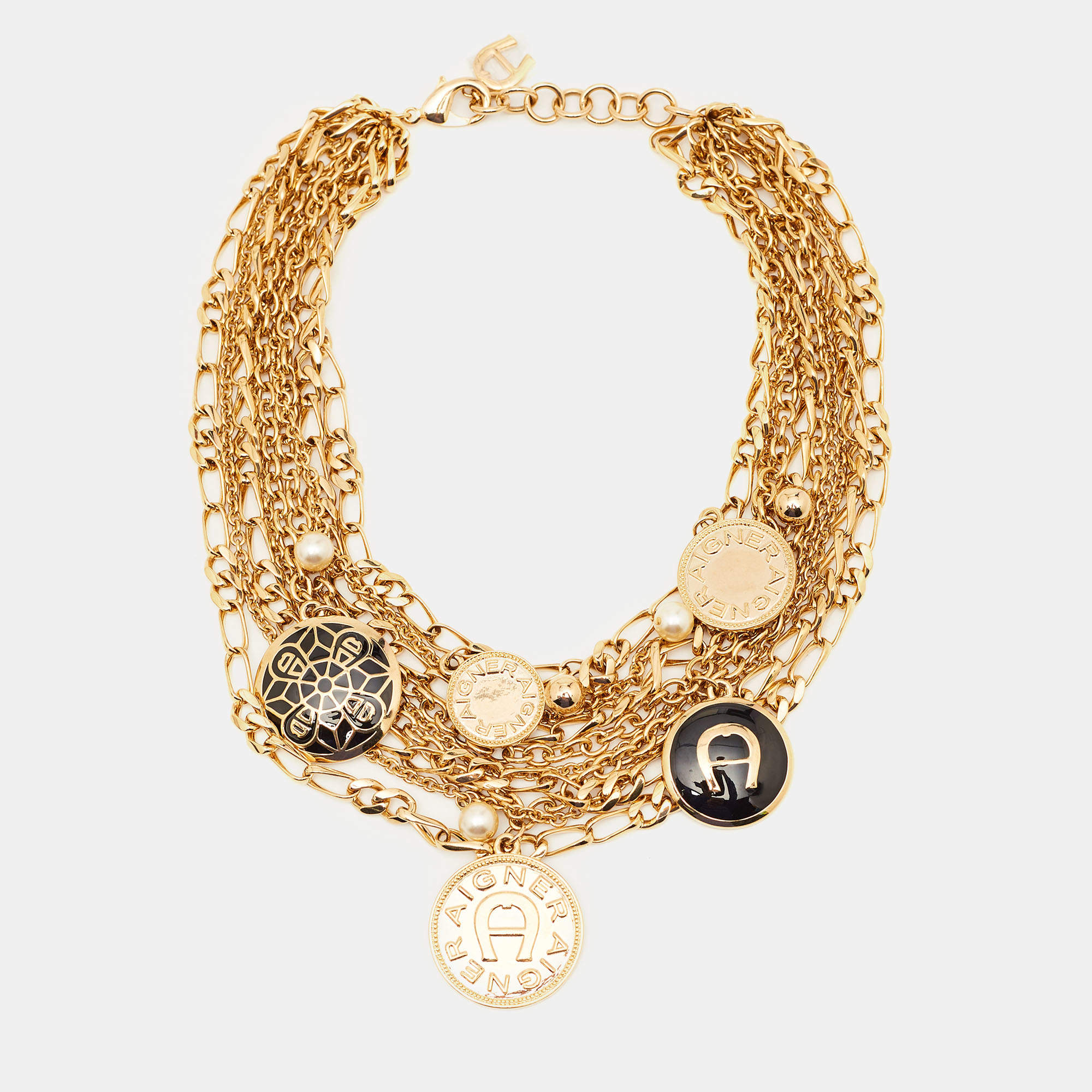 Pre Owned Aigner  Enamel Faux Pearl Gold Tone Necklace