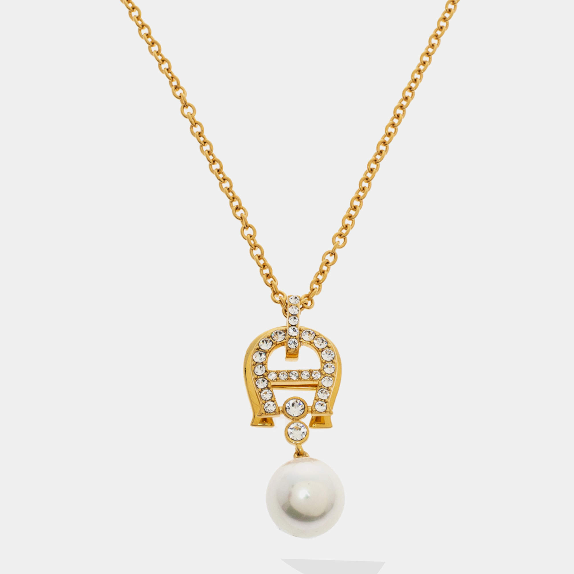 مملوكة مسبقًا Aigner Crystal Faux Pearl Gold Tone Long Pendant Necklace
