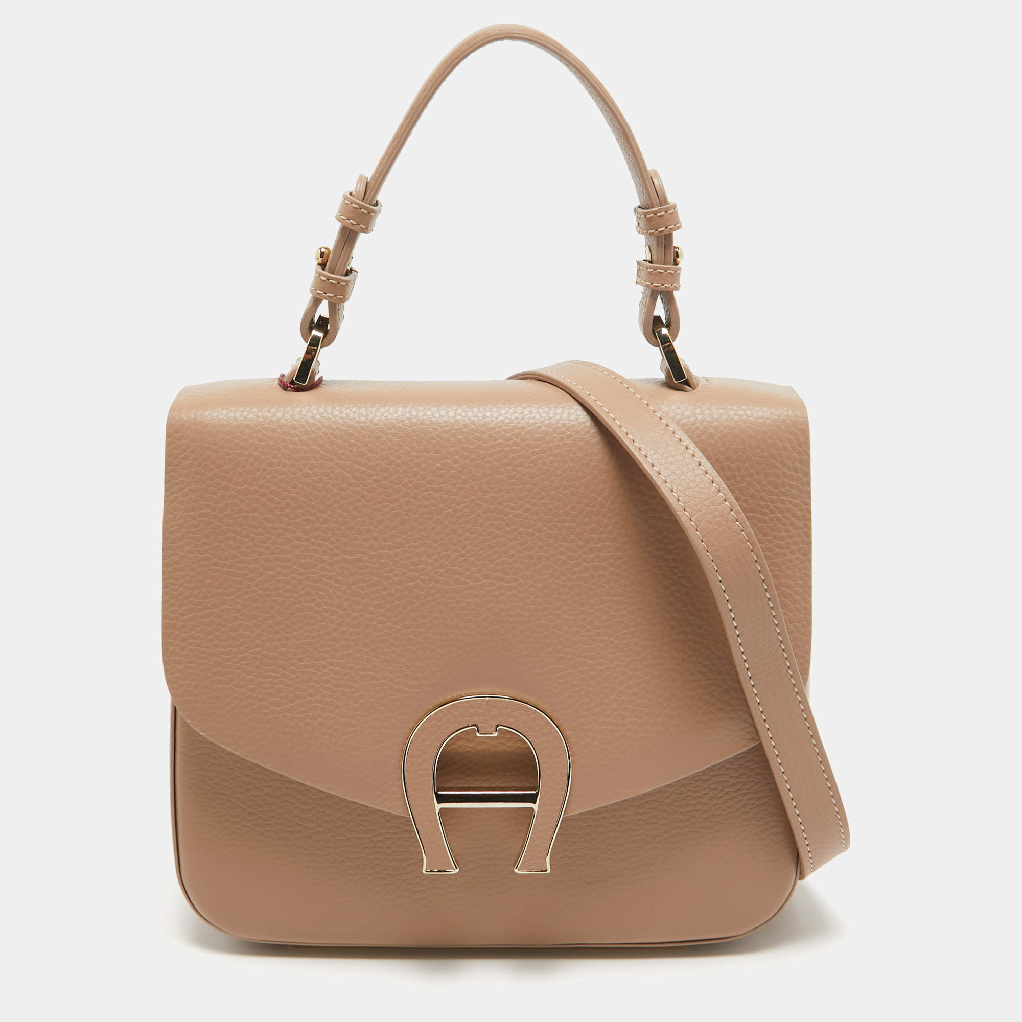 Pre Owned Aigner Tan Brown Leather Logo Flap Top Handle Bag