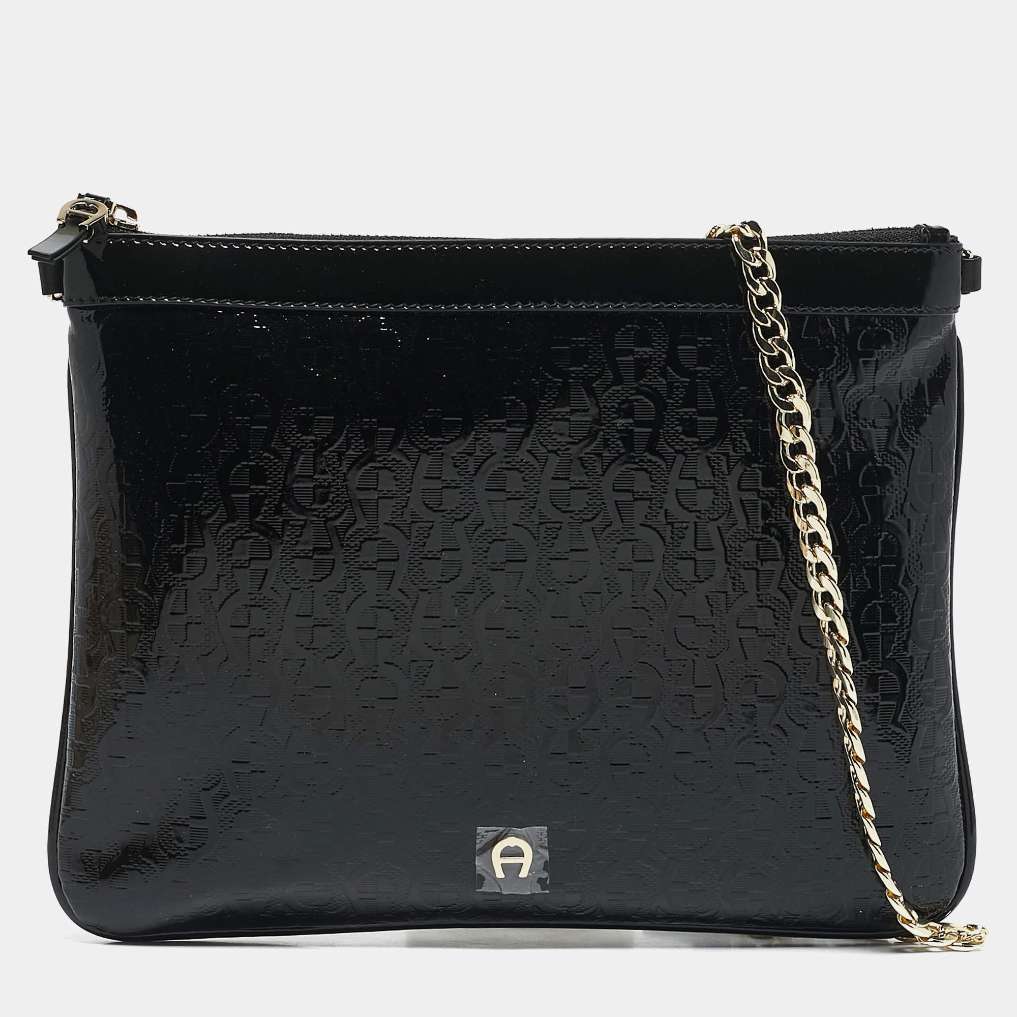 Aigner Black Signature Embossed Patent Leather Large Candy Chain Pouch 
