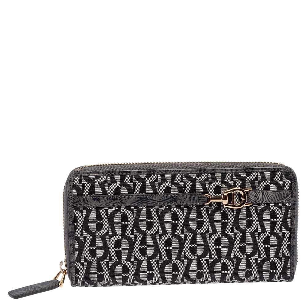 Pre Owned محفظة أيغنر سحاب ملتف حافة جلد منقوش وكانفاس مميز رمادي