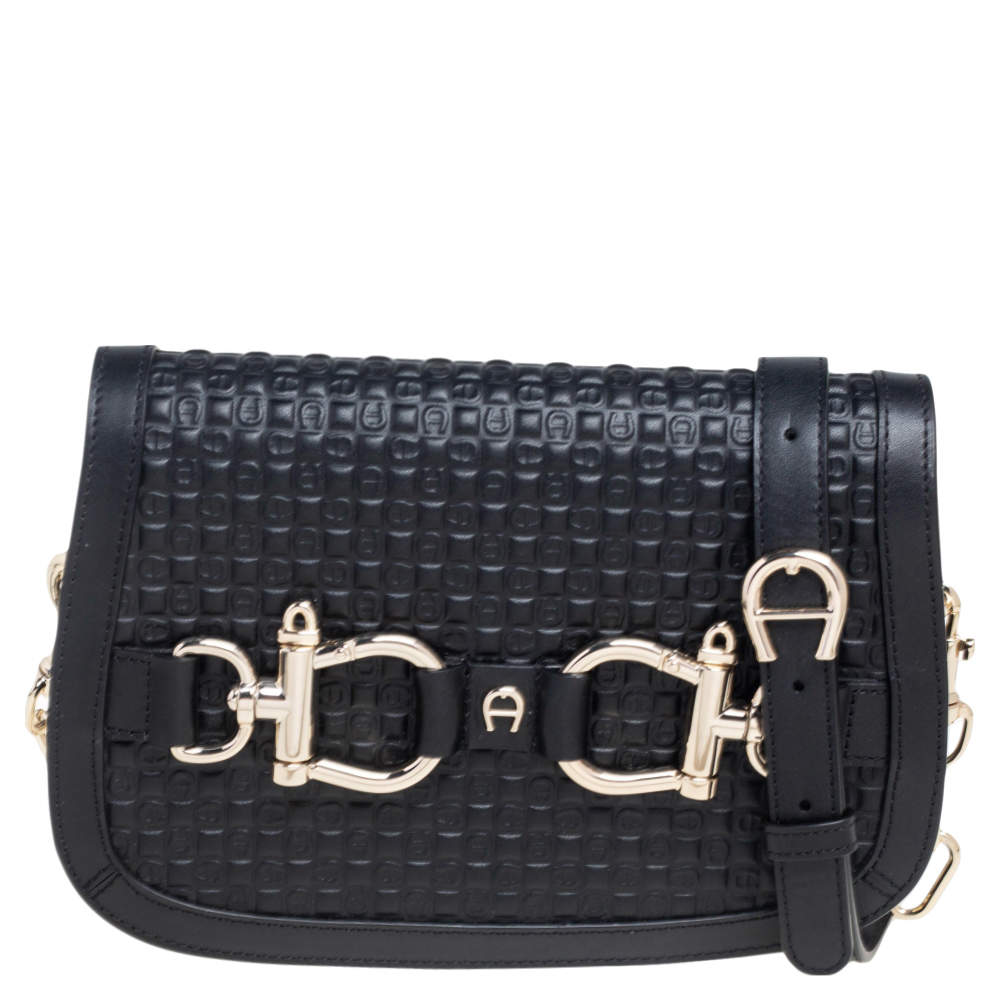 Pre Owned حقيبة كروس آيغنر سافونا جلد أسود بقلاب