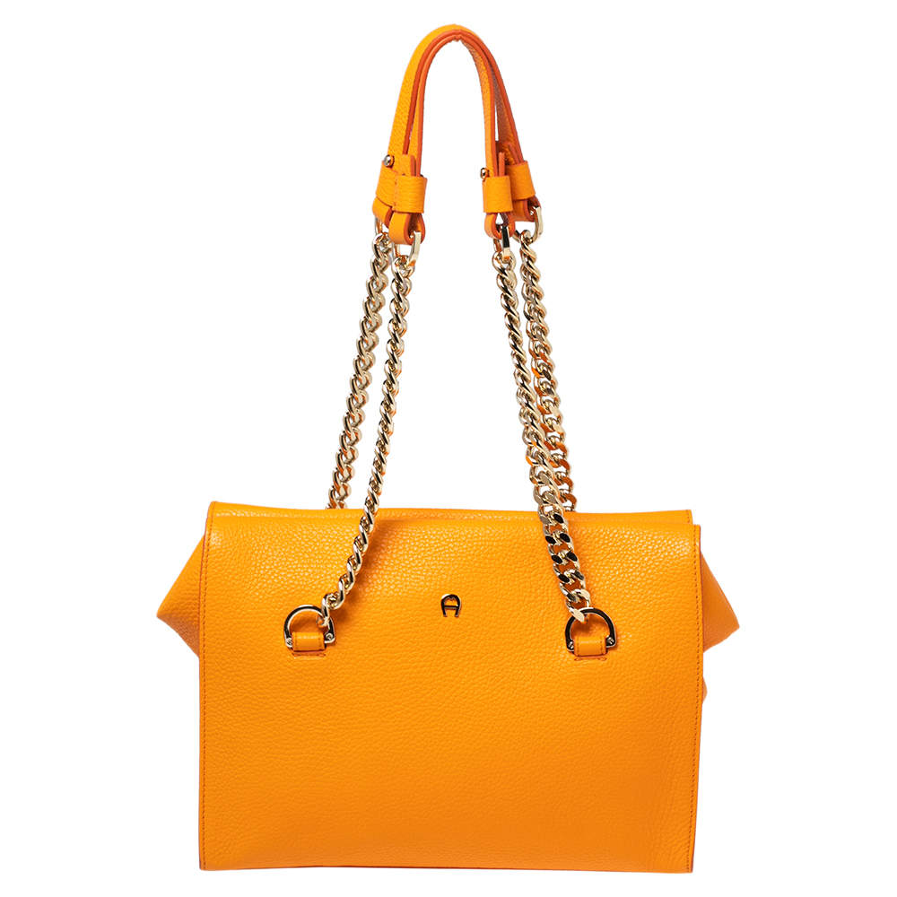 Pre Owned Aigner Tangerine Leather Chain Shoulder Bag
