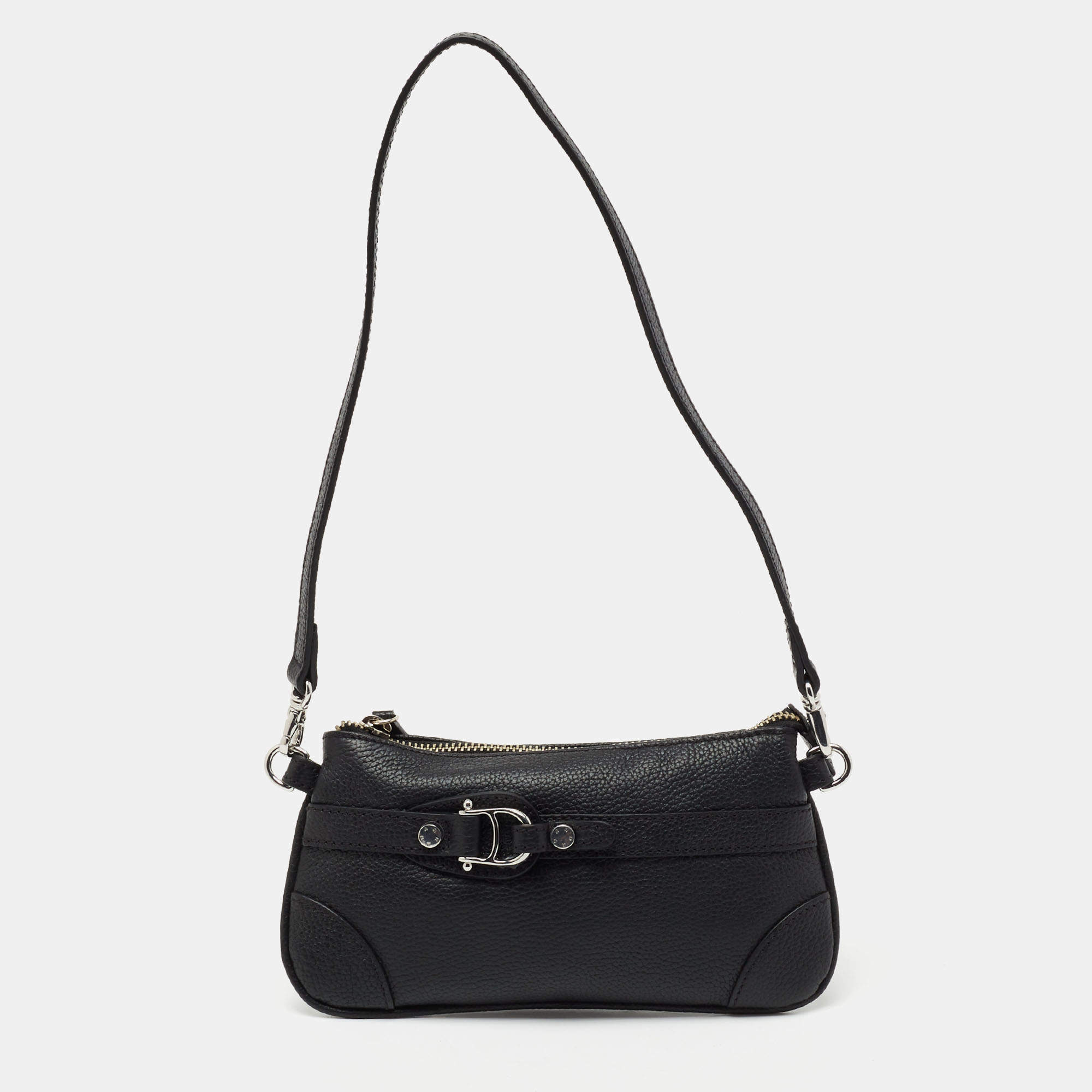 Pre Owned Aigner Black Leather Buckle Top Zip Pouch