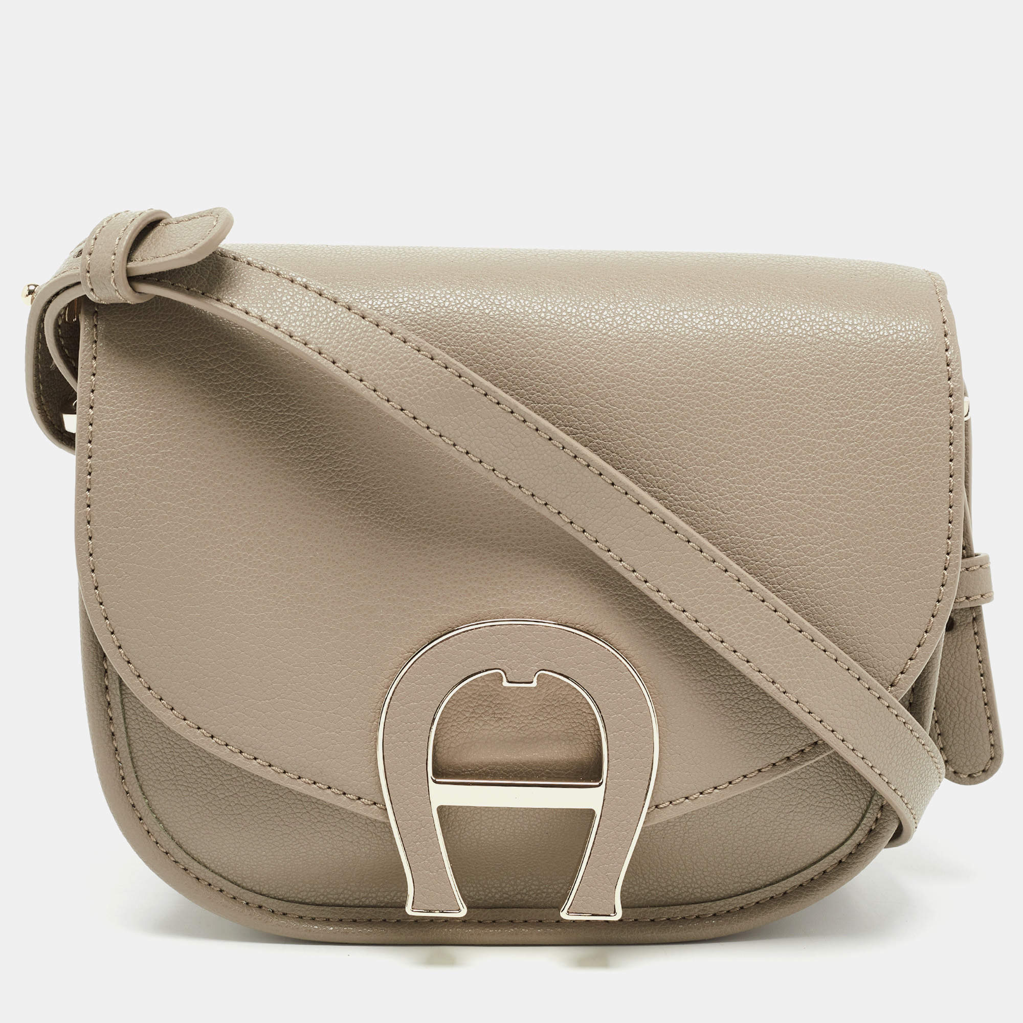 Aigner Beige Leather Logo Flap Shoulder Bag