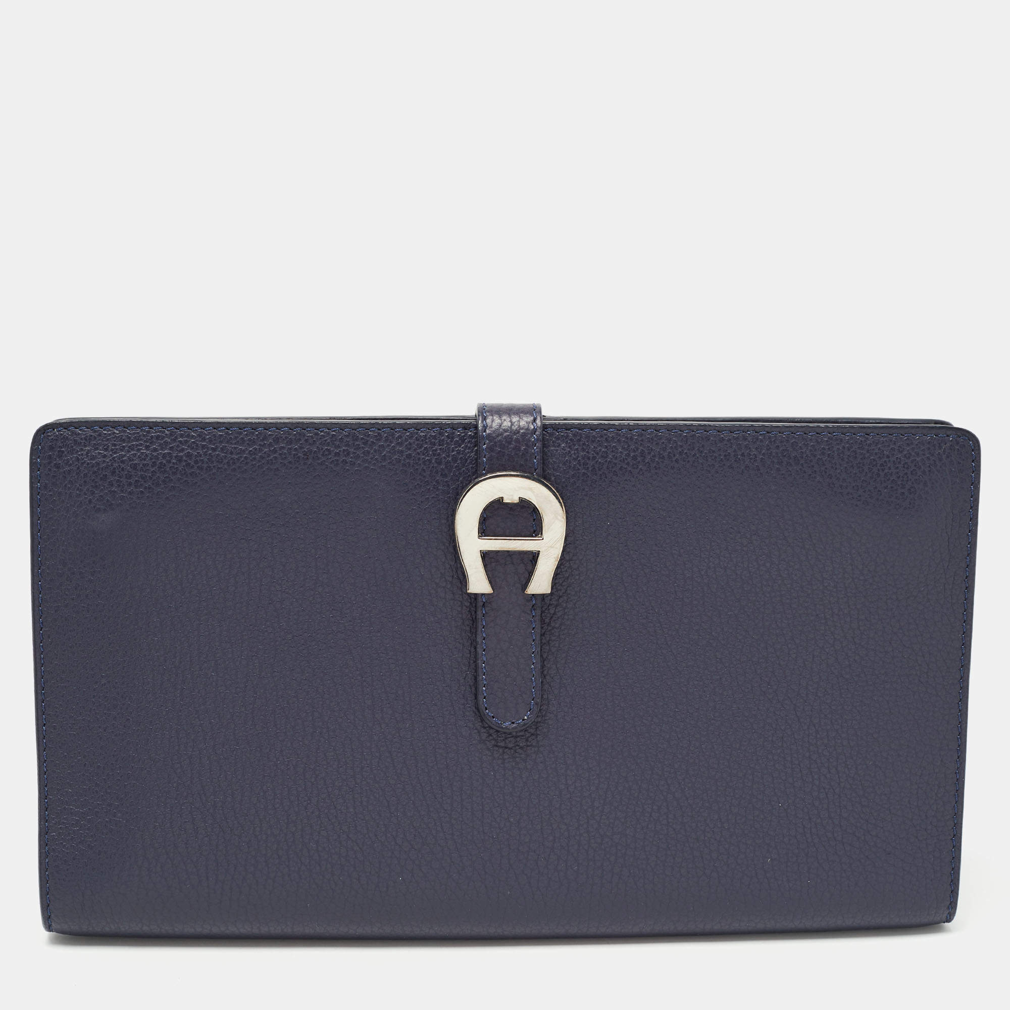Pre Owned Aigner Navy Blue Leather Logo Flap Organizer Clutch