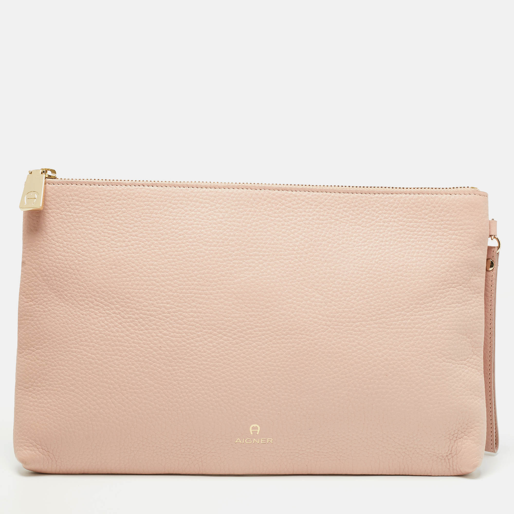 Pre Owned Aigner Light Pink Leather Zip Flat Pouch