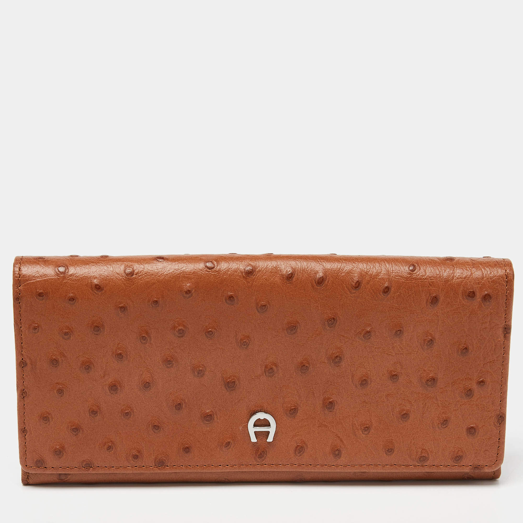 Pre Owned Aigner Tan Ostrich Embossed Leather Flap Continental Wallet